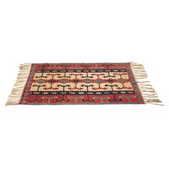 Indigenous American Woven Patterned Red, Blue, and Beige Rectangular Fringed Rug
