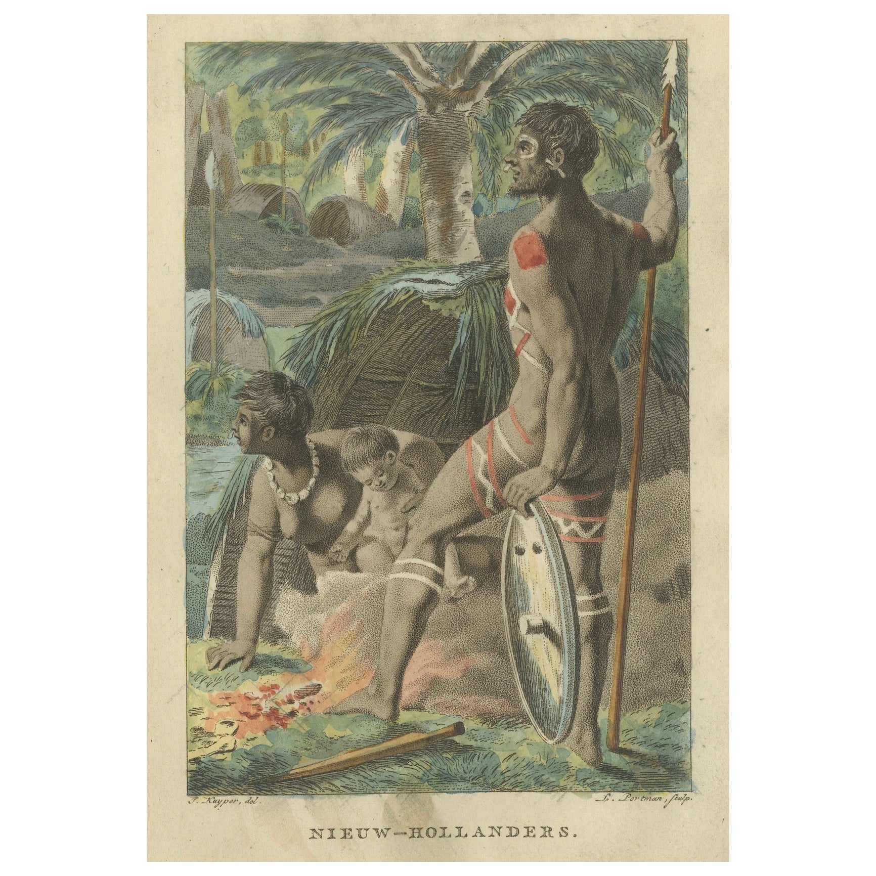 Indigenous Australians - Gravure ethnographique ancienne coloriée à la main c.1805