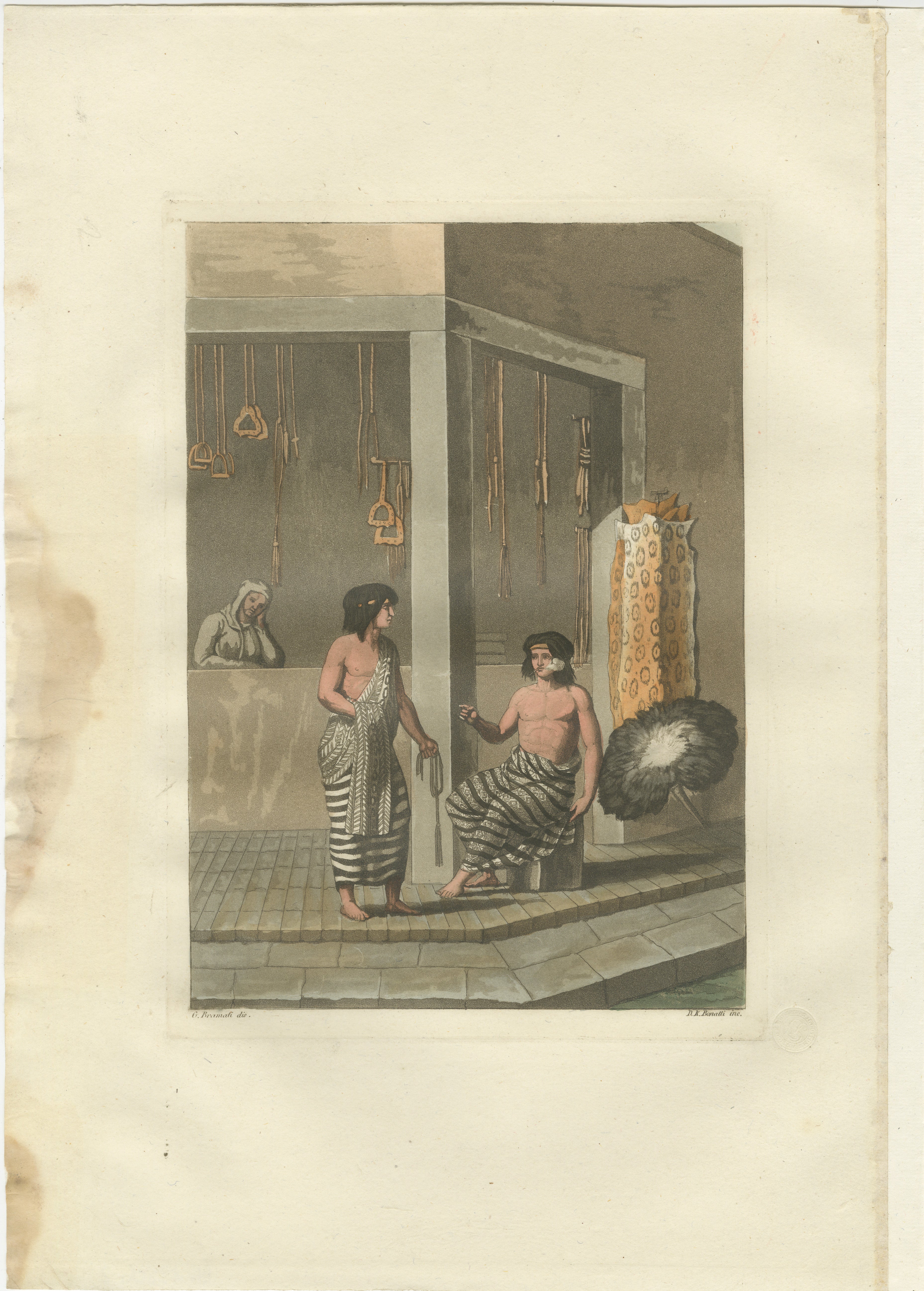 Antique Print - Indigenous Dress and Interiors, South America - Ferrario-Bonatti 1821

This hand-colored etching, titled 