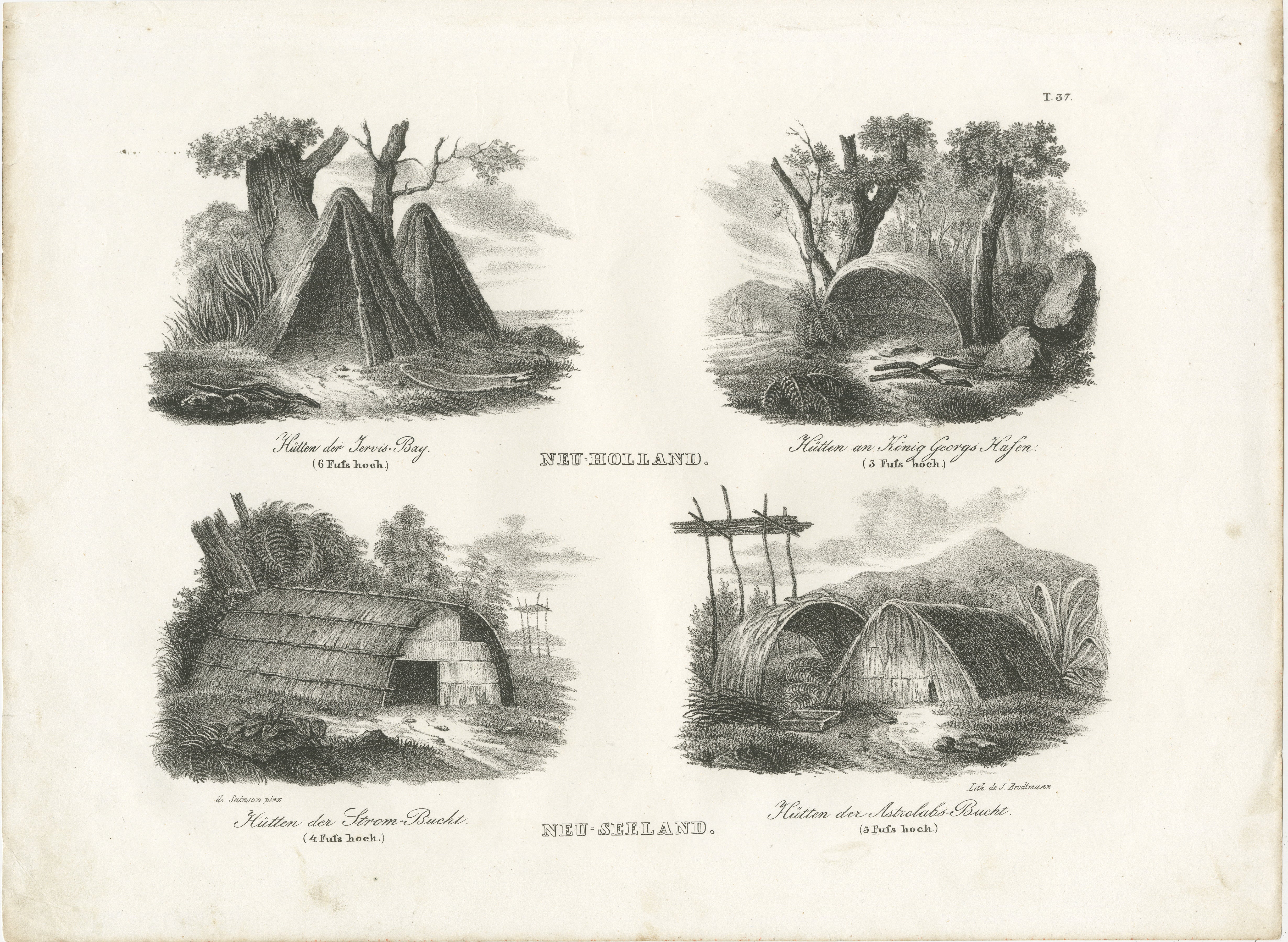 Titolo: Abitazioni indigene della Nuova Olanda e della Nuova Zelanda  

Descrizione: Questa incisione presenta un affascinante studio comparativo delle abitazioni indigene di due regioni: New Holland (l'odierna Australia) e Nuova Zelanda. Le due