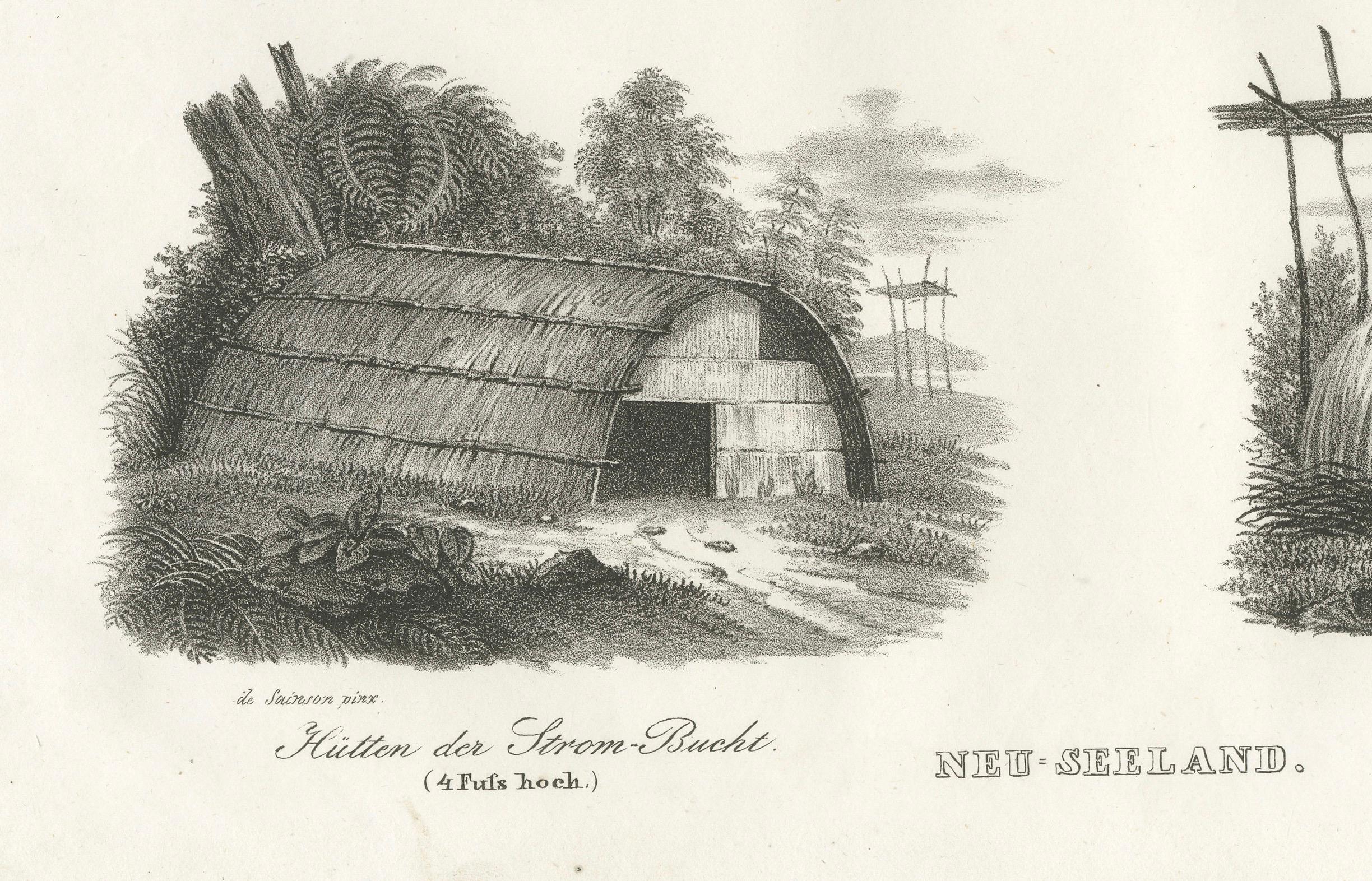Abitazioni indigene della Nuova Olanda e della Nuova Zelanda incise nel 1836 In condizioni buone in vendita a Langweer, NL
