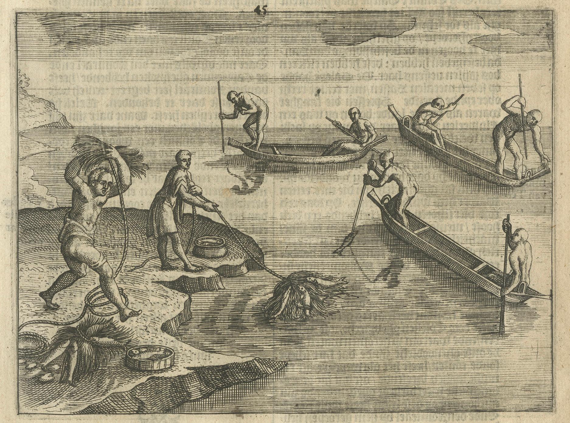 Néerlandais Scène de pêche indigène - Gravure hollandaise ancienne de Linschoten, c.1601 en vente