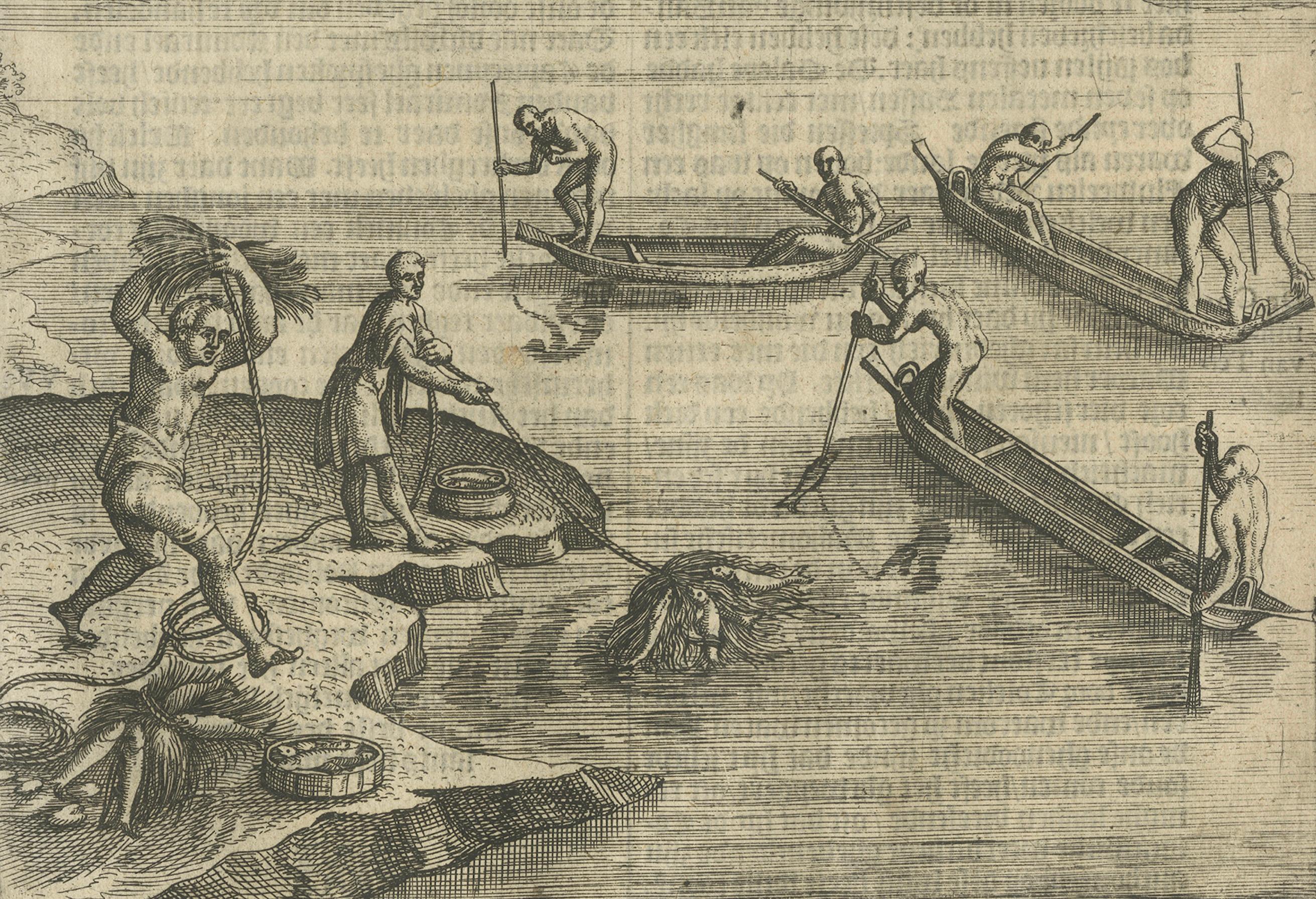 Gravé Scène de pêche indigène - Gravure hollandaise ancienne de Linschoten, c.1601 en vente