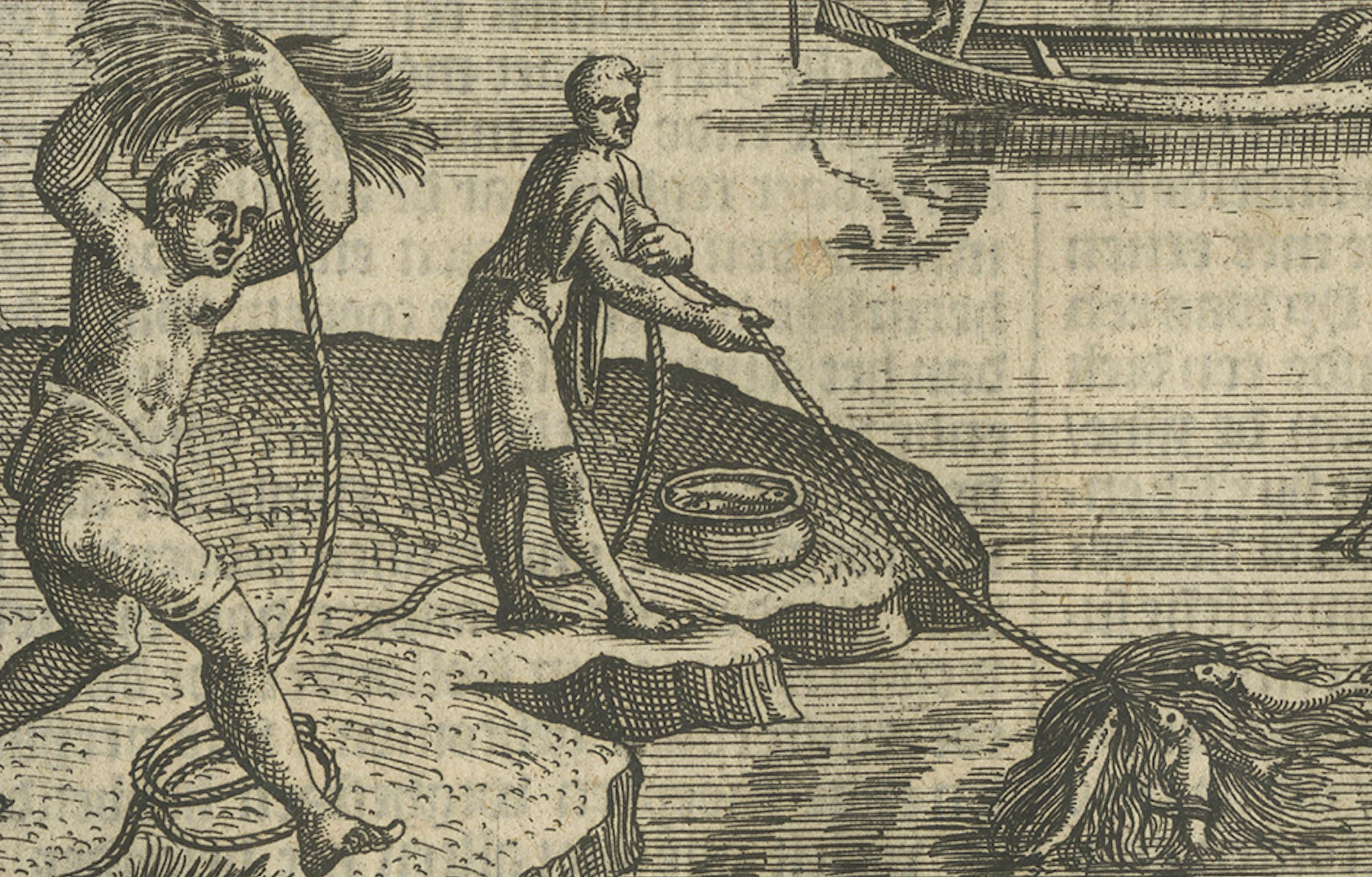 Scène de pêche indigène - Gravure hollandaise ancienne de Linschoten, c.1601 État moyen - En vente à Langweer, NL