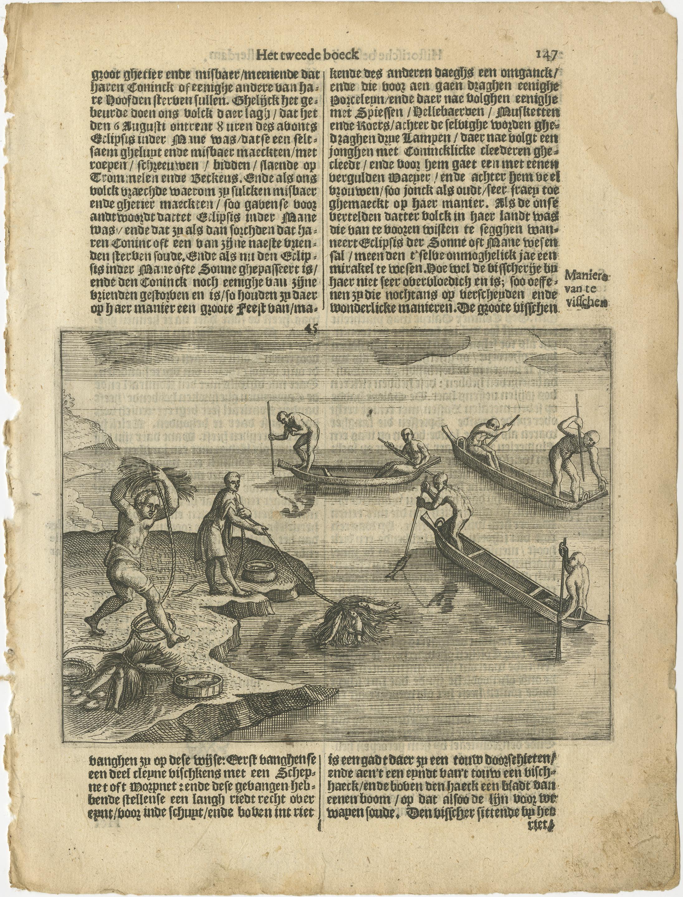 17ème siècle Scène de pêche indigène - Gravure hollandaise ancienne de Linschoten, c.1601 en vente