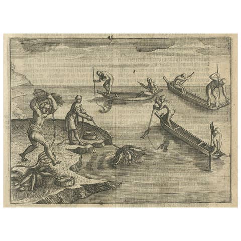 Indigenous Fishing Scene – Early Dutch Engraving from Linschoten, c.1601