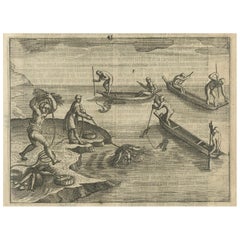 Antique Indigenous Fishing Scene – Early Dutch Engraving from Linschoten, c.1601