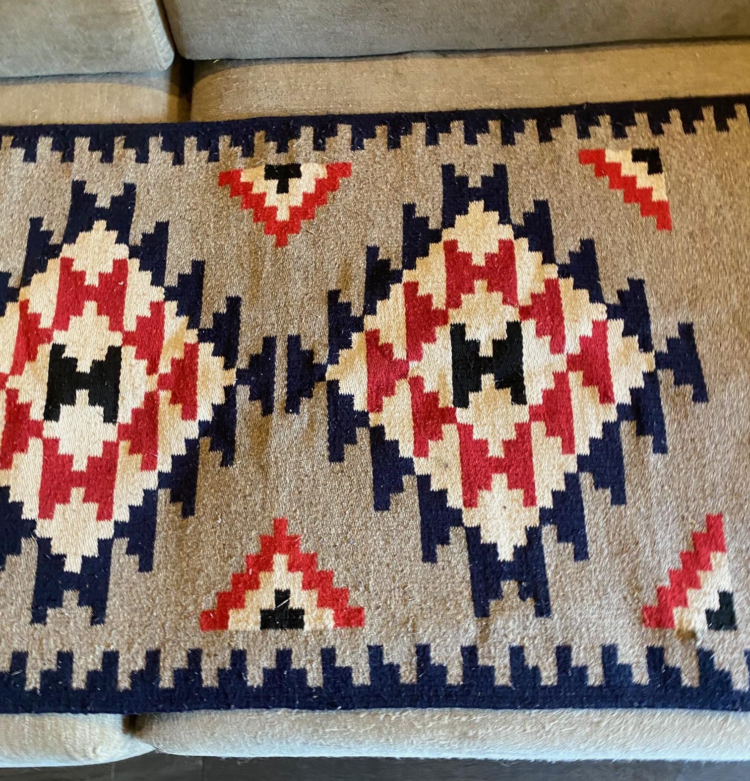 20th Century Indigenous Native American Indian Navajo Handwoven Geometric Pattern Rug Blanket For Sale