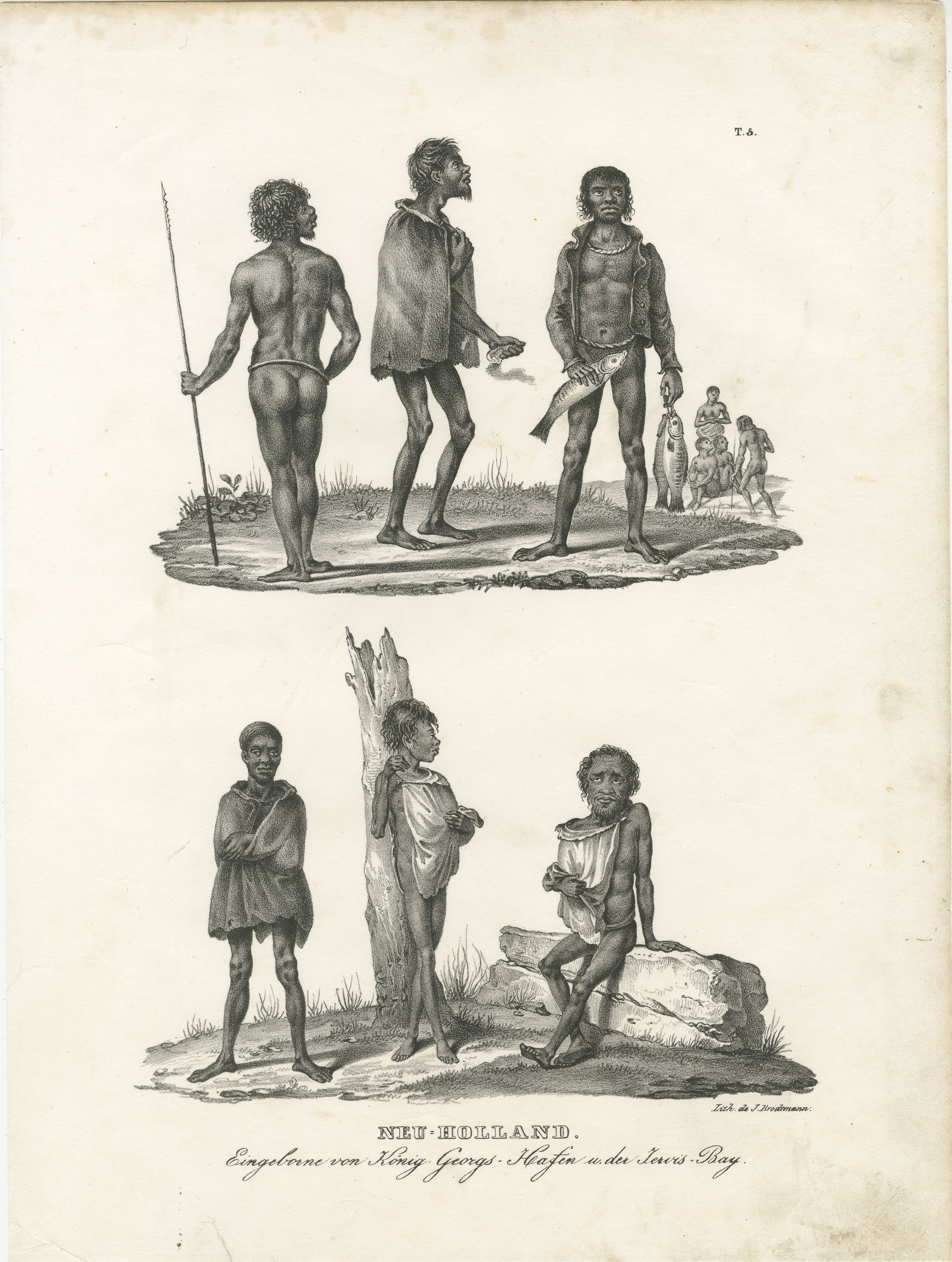 Title: Indigenous People of King George's Harbour and Jervis Bay, New Holland  

Description: This lithograph, circa 1836, presents two detailed scenes of Indigenous life in New Holland (modern-day Australia), specifically at King George's Harbour