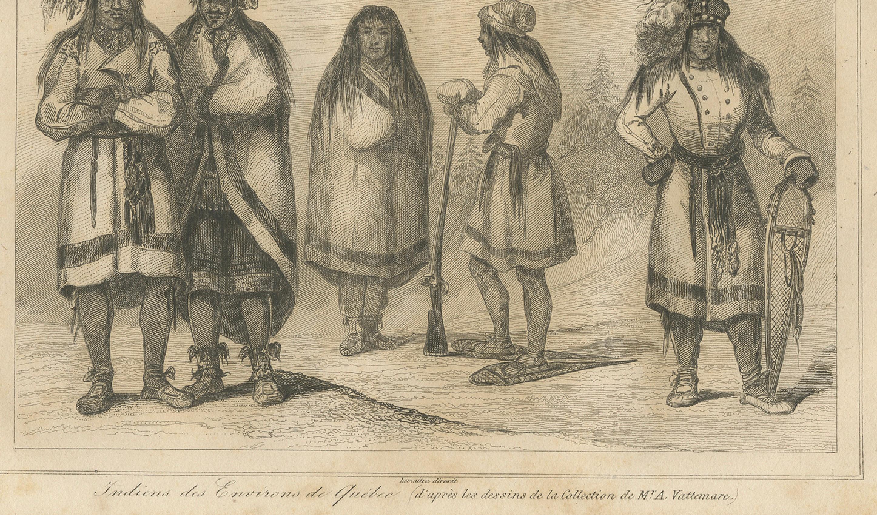 Français Peuples autochtones près du Québec - Gravure ethnographique du Canada du XIXe siècle en vente