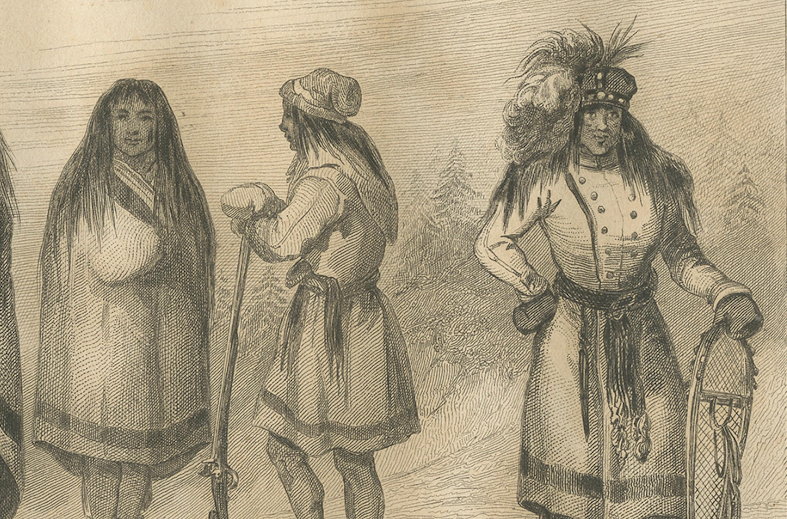 Gravé Peuples autochtones près du Québec - Gravure ethnographique du Canada du XIXe siècle en vente