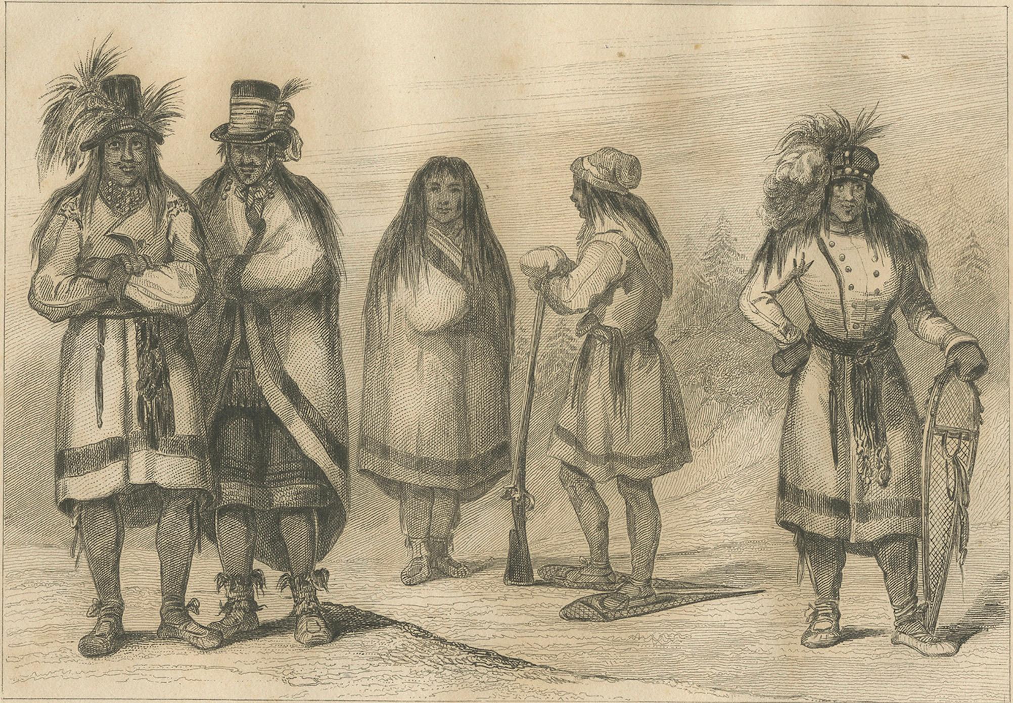 Papier Peuples autochtones près du Québec - Gravure ethnographique du Canada du XIXe siècle en vente