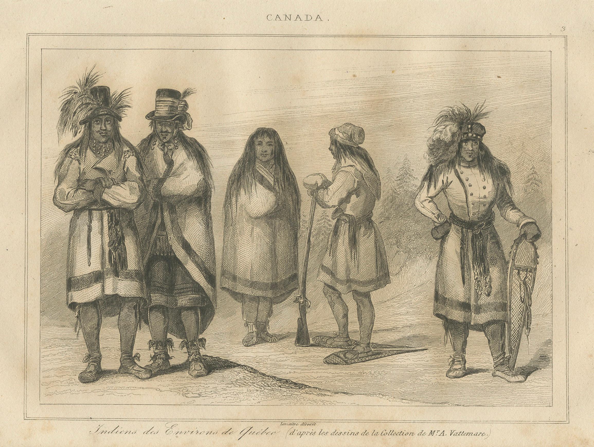 Peuples autochtones près du Québec - Gravure ethnographique du Canada du XIXe siècle en vente 1