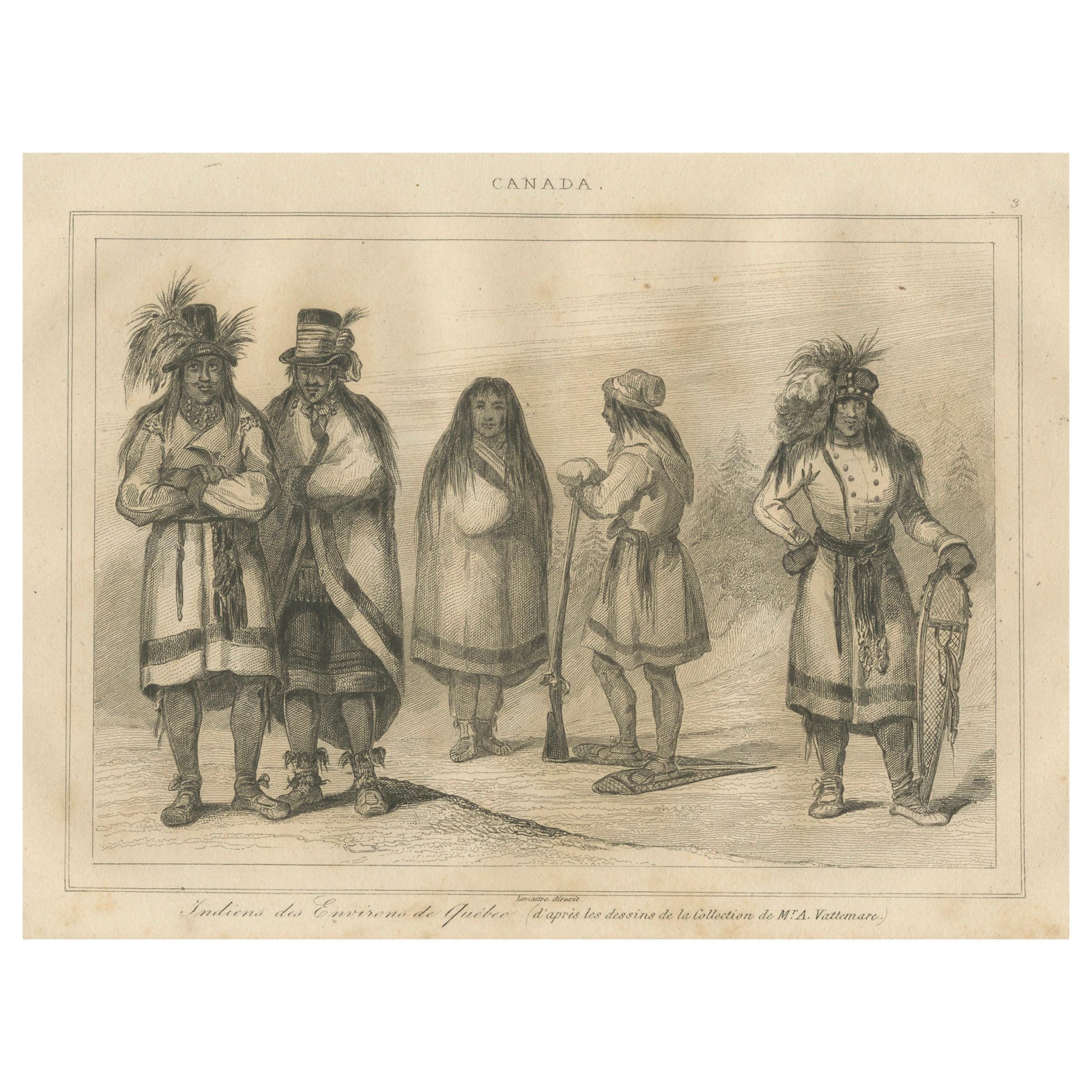 Pueblos indígenas cerca de Quebec - Grabado etnográfico de Canadá del siglo XIX