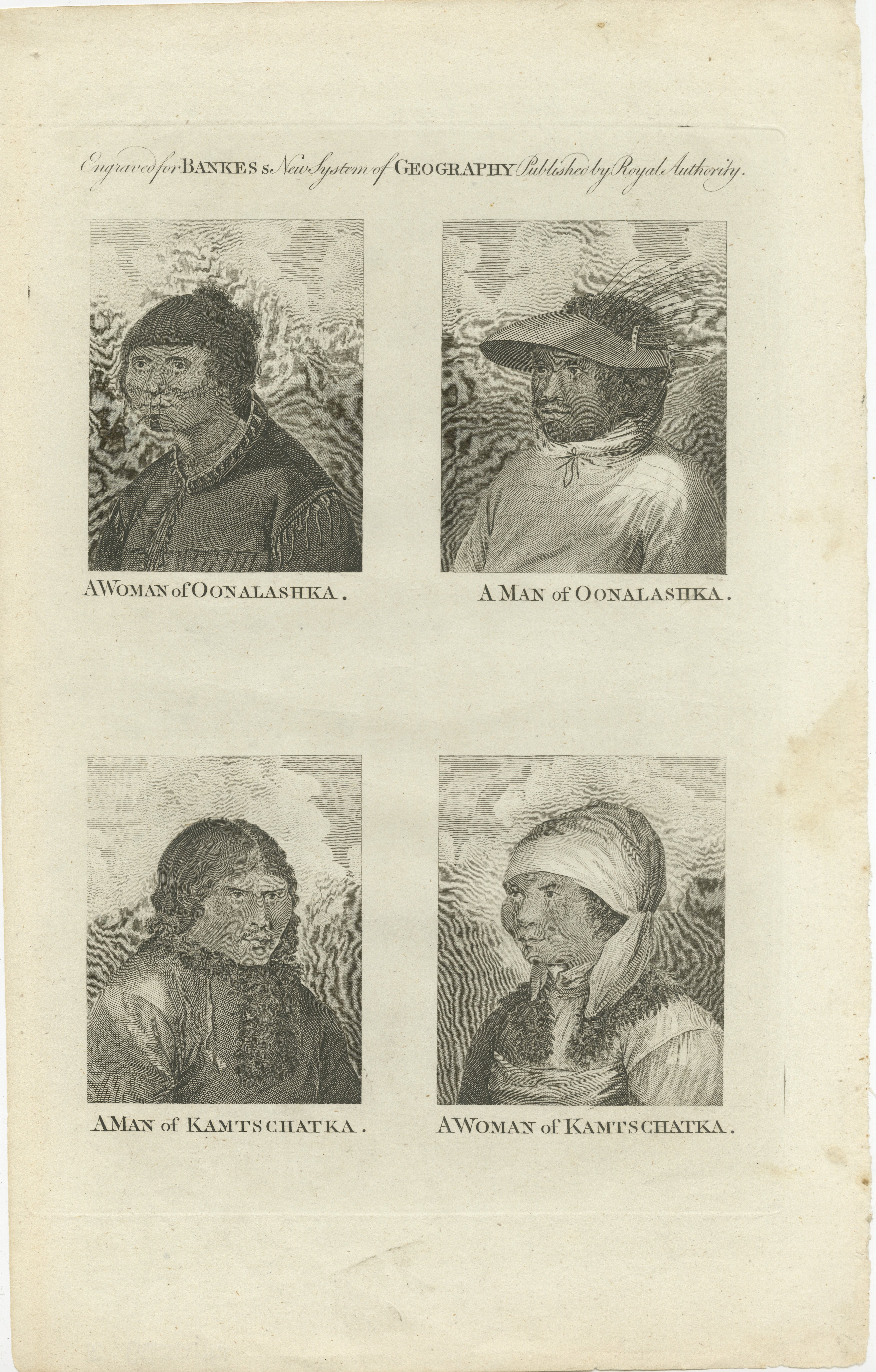 This original engraving contains four portrait engravings, two each of individuals from Unalaska (Oonalashka) and Kamchatka. These engravings, like the previous ones, are from 