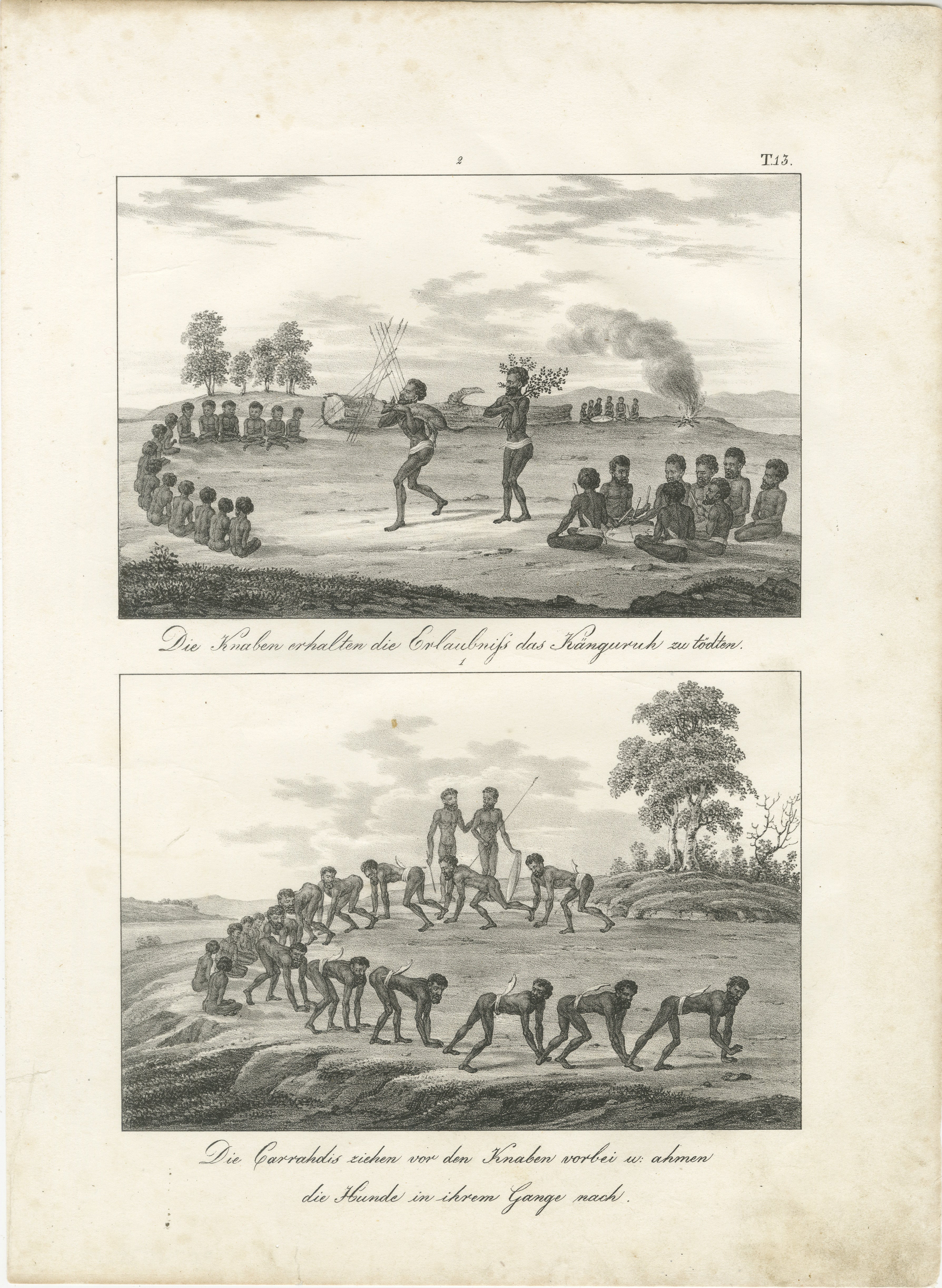 Titel: Rituale und Zeremonien der Eingeborenen von New Holland  

Beschreibung: Diese Lithografie, um 1836, bietet einen Einblick in die kulturellen Praktiken der australischen Ureinwohner in New Holland (dem heutigen Australien), wie sie von Dumont