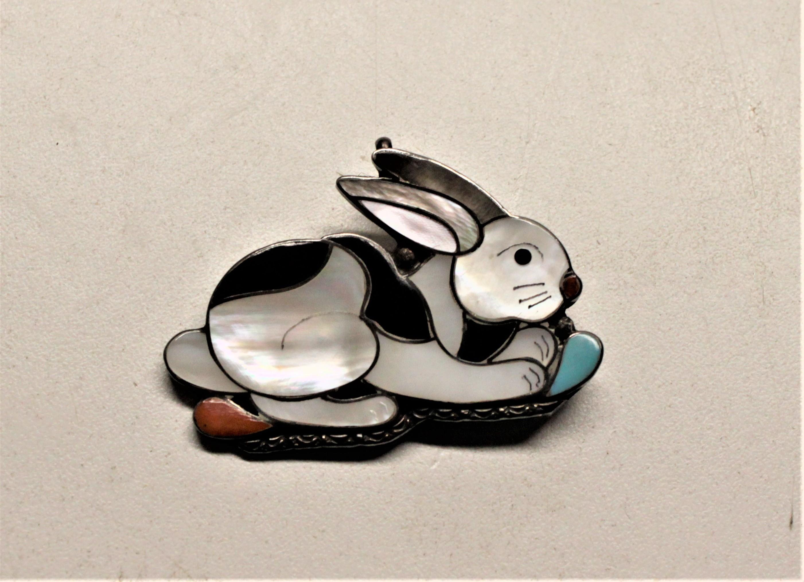 American Indigenous Sheyka Sterling Silver and Inlaid Figural Rabbit Brooch or Pendant For Sale