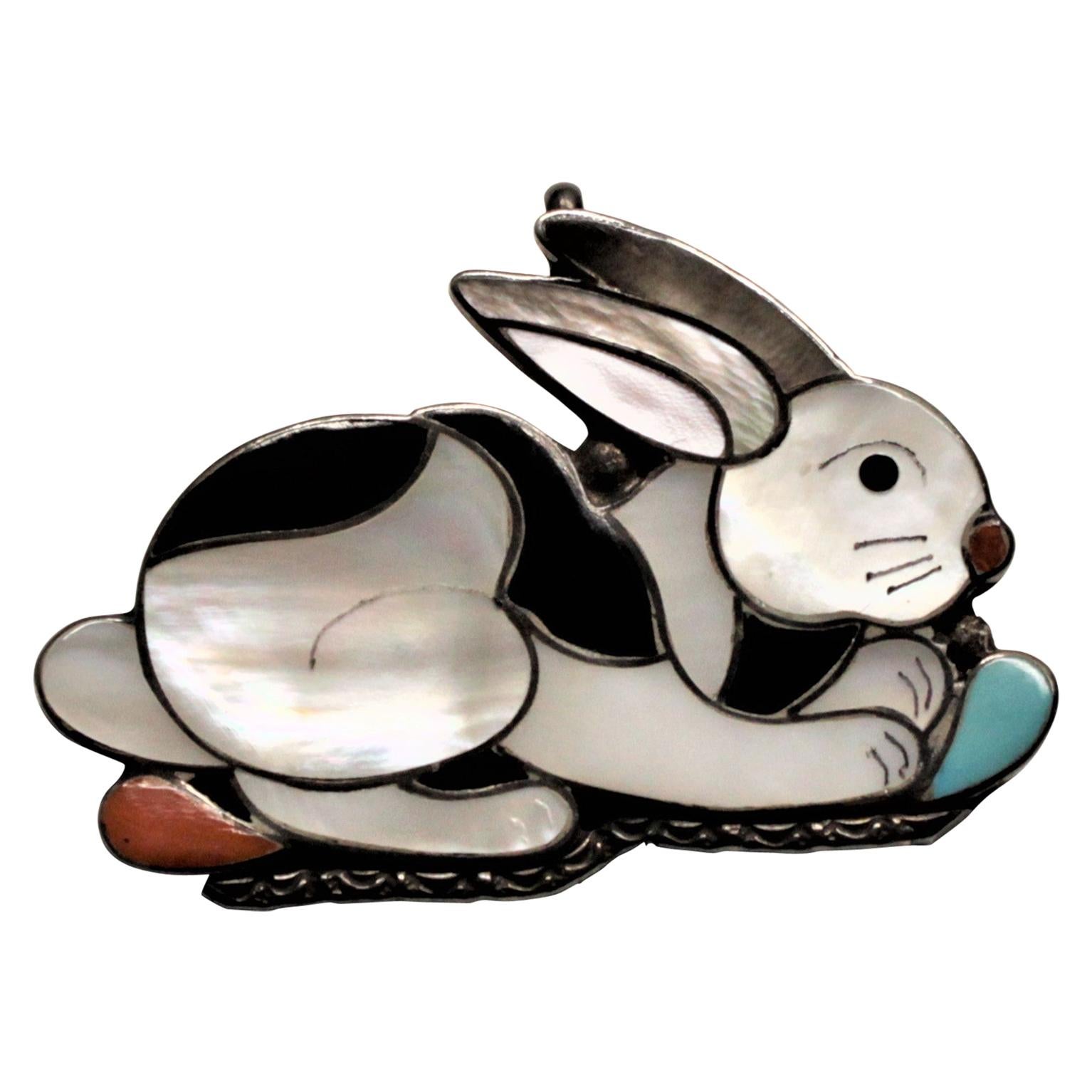 Indigenous Sheyka Sterling Silver and Inlaid Figural Rabbit Brooch or Pendant