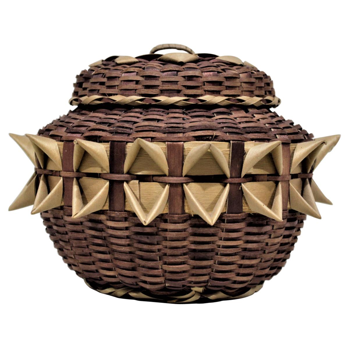 Indigenous Styled Large Handwoven Bird Beak Fancy Lidded Basket For Sale