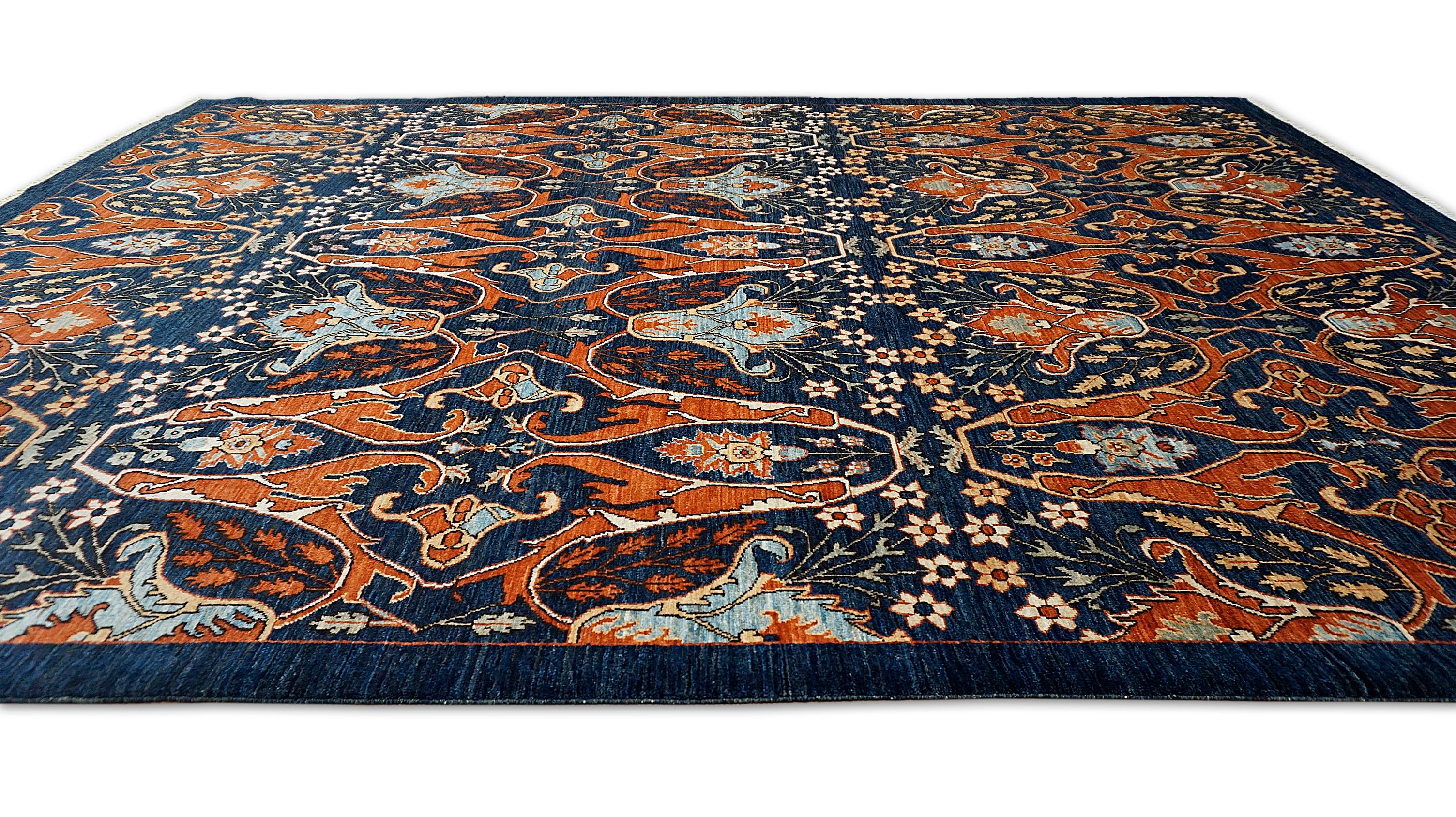 Folk Art Indigo and Rust All Over Large Scale Designed Wool Rug 9'x12'2'' For Sale