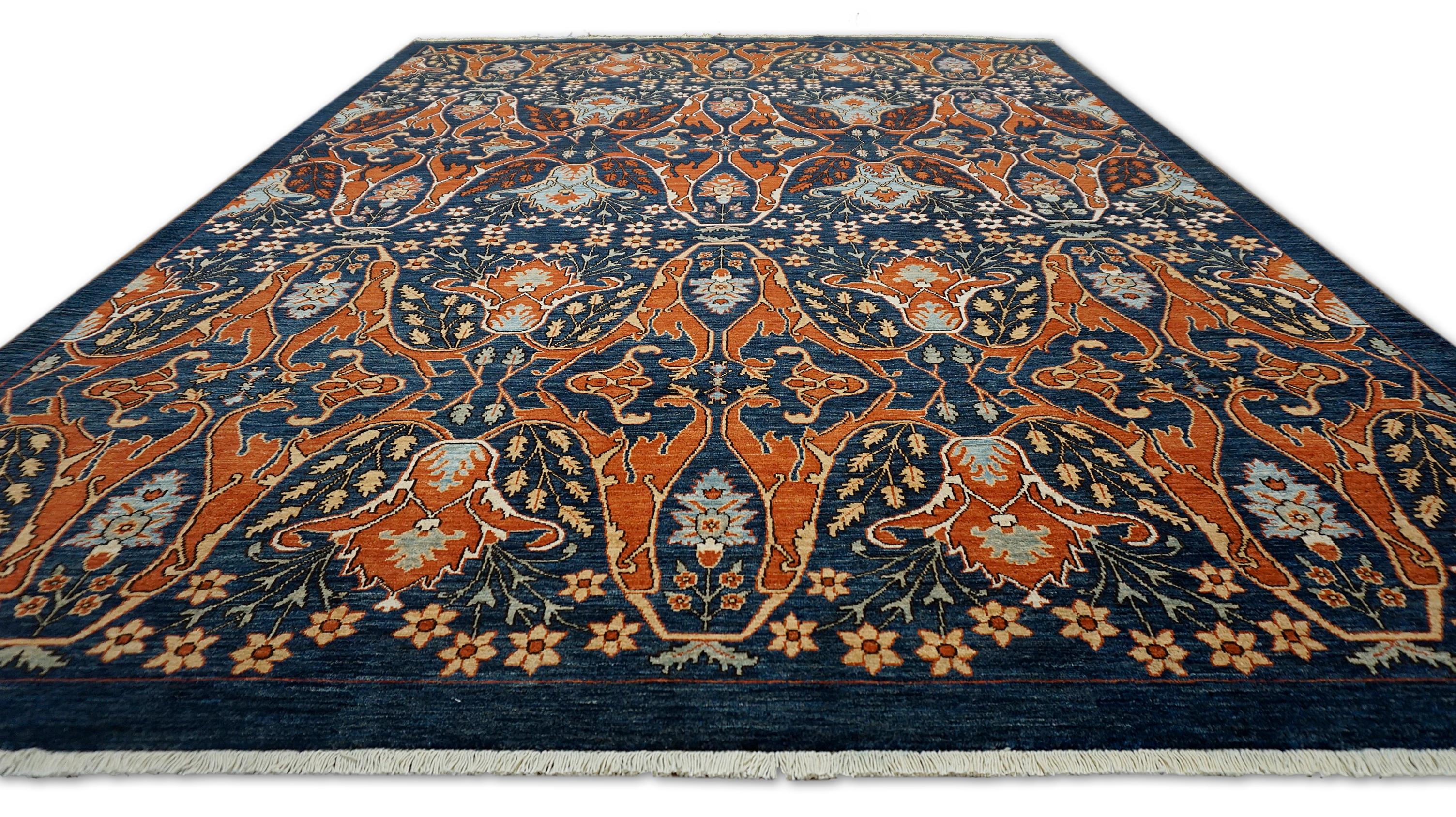 Pakistani Indigo and Rust All Over Large Scale Designed Wool Rug 9'x12'2'' For Sale