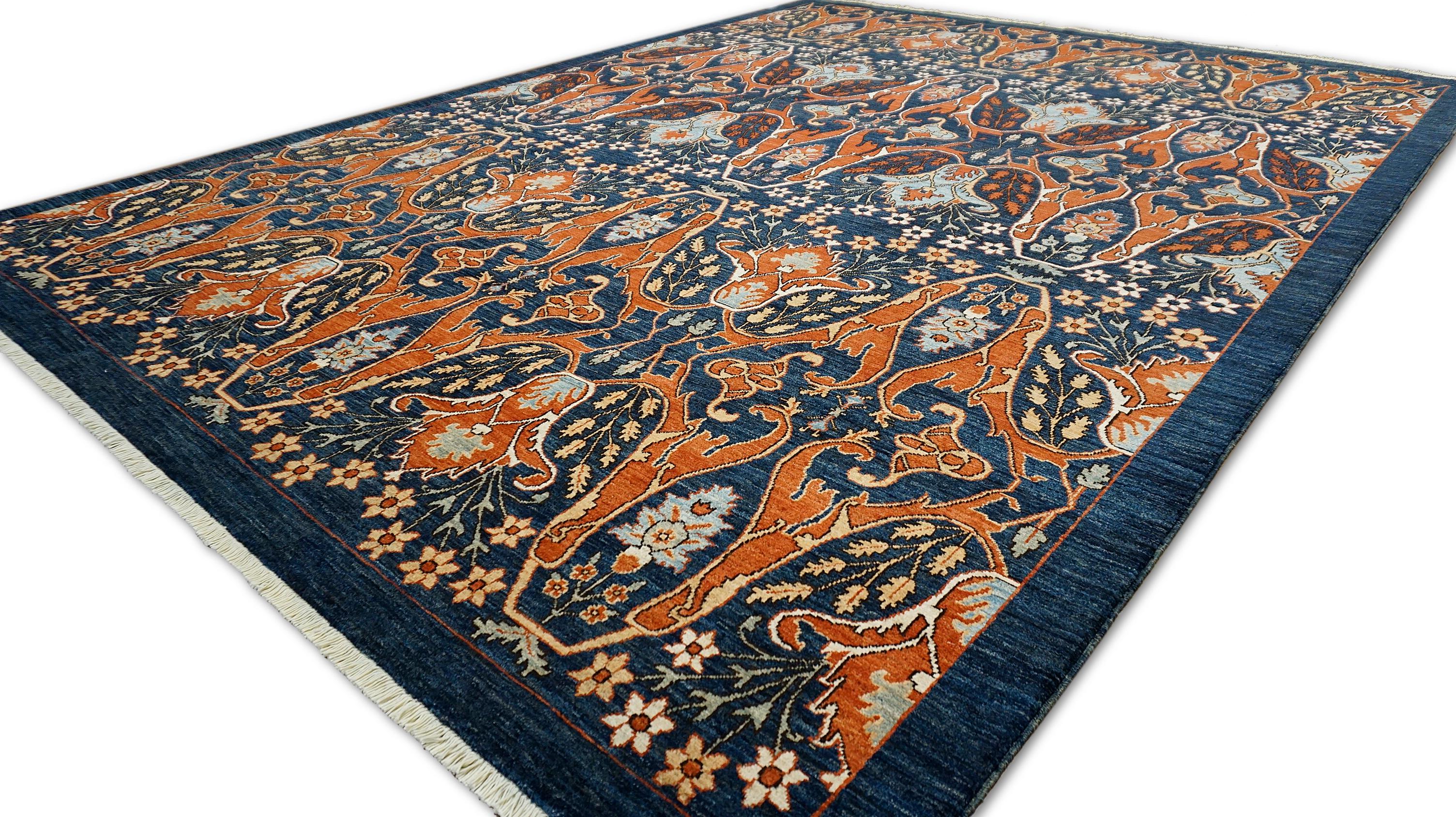 Hand-Knotted Indigo and Rust All Over Large Scale Designed Wool Rug 9'x12'2'' For Sale