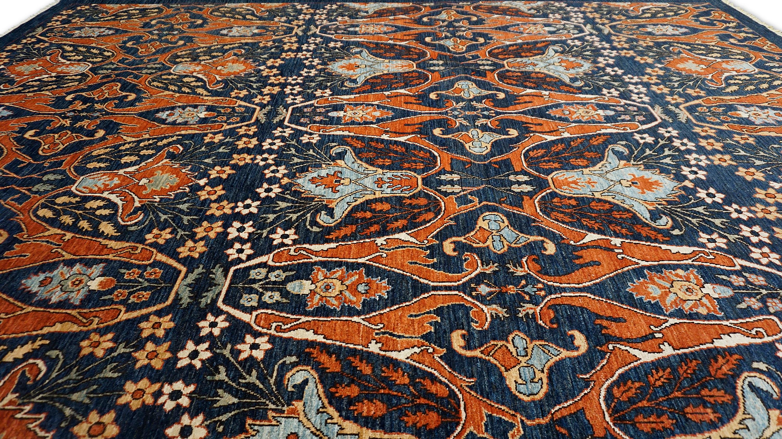 Contemporary Indigo and Rust All Over Large Scale Designed Wool Rug 9'x12'2'' For Sale