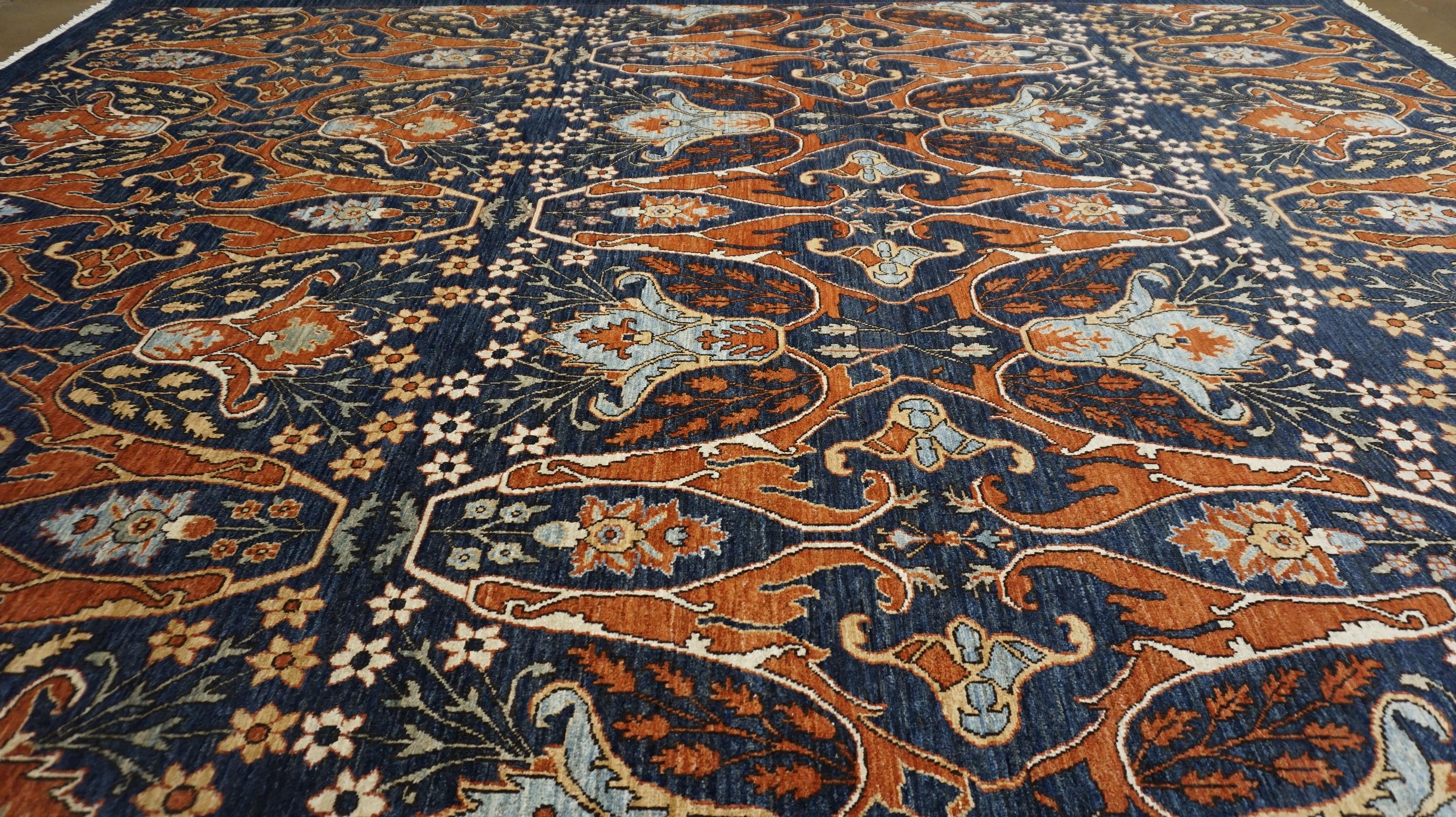 Indigo and Rust All Over Large Scale Designed Wool Rug 9'x12'2'' For Sale 2