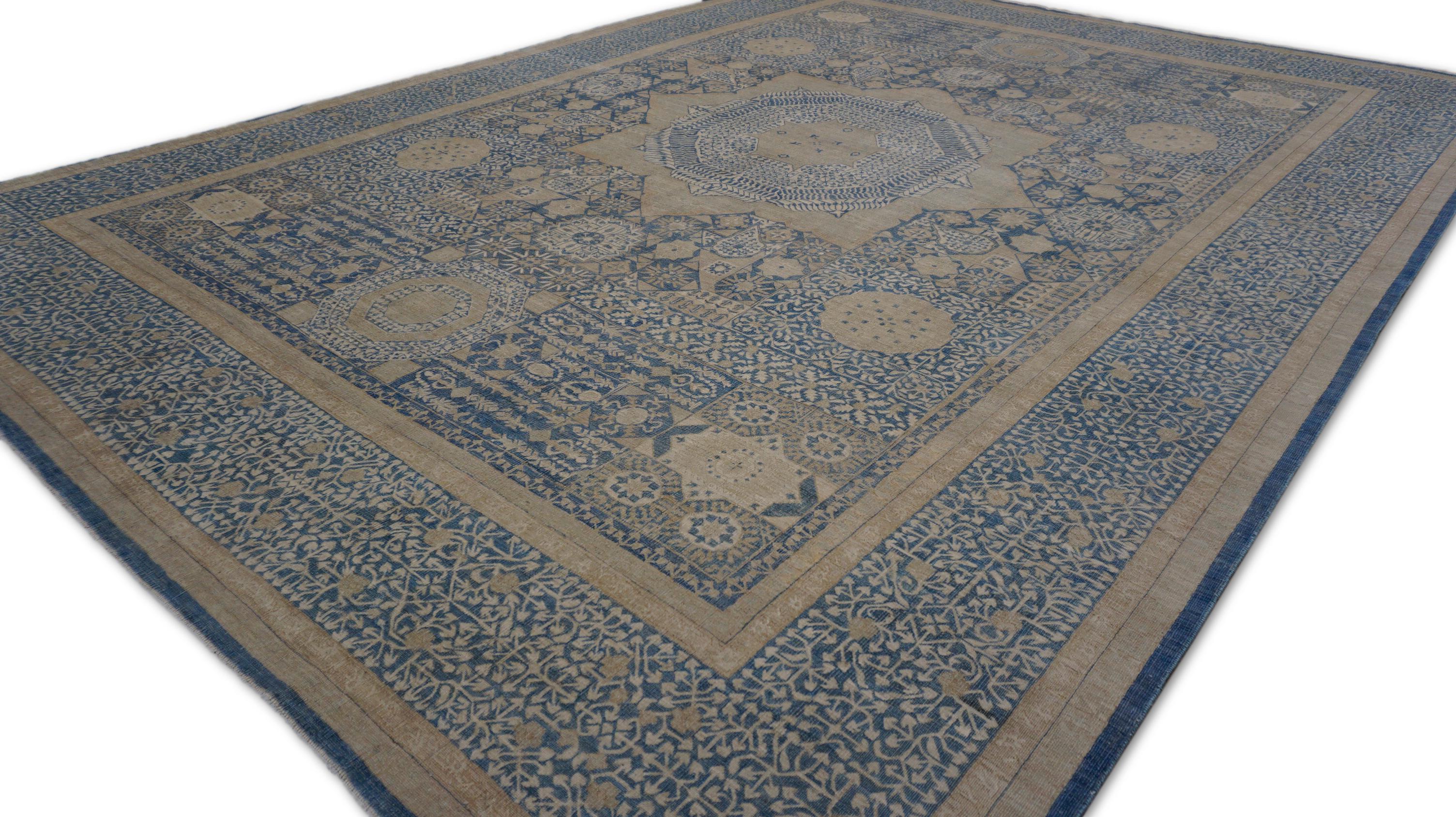 Noué à la main Tapis en laine nouée à la main à motifs Mamluke indigo et sable - 9 pi x 12 pi 2 po en vente
