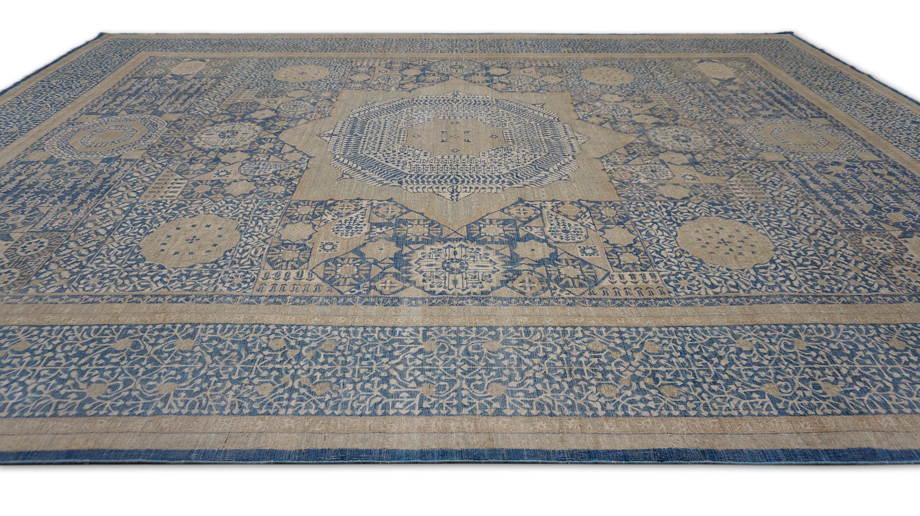 XXIe siècle et contemporain Tapis en laine nouée à la main à motifs Mamluke indigo et sable - 9 pi x 12 pi 2 po en vente
