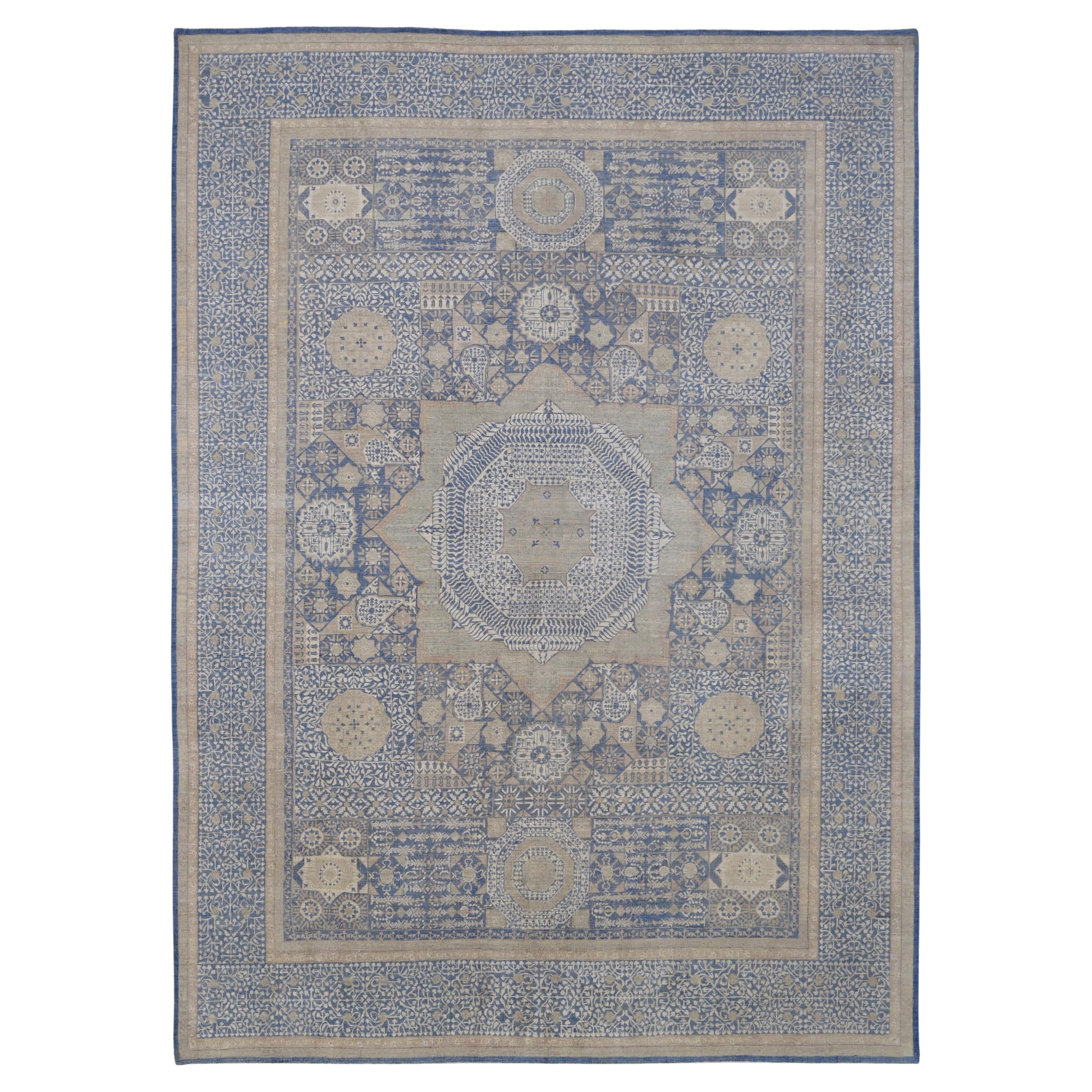Tapis en laine nouée à la main à motifs Mamluke indigo et sable - 9 pi x 12 pi 2 po en vente
