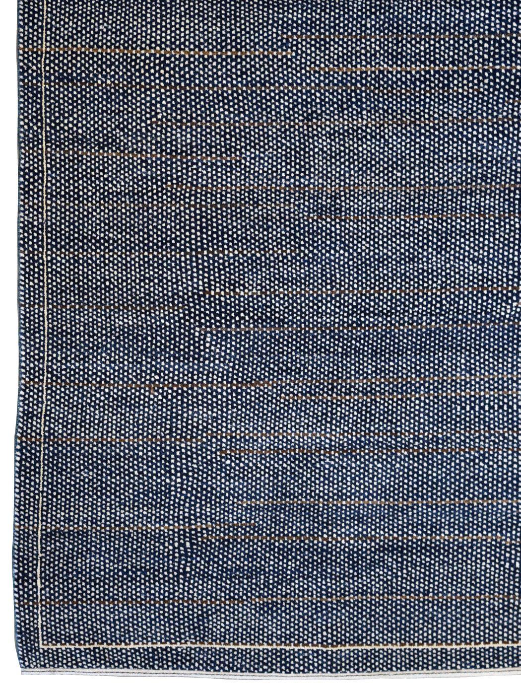 Minimalistischer persischer Teppich aus Wolle in Indigo, Schwarz und Creme, 10' x 10' (Persisch)