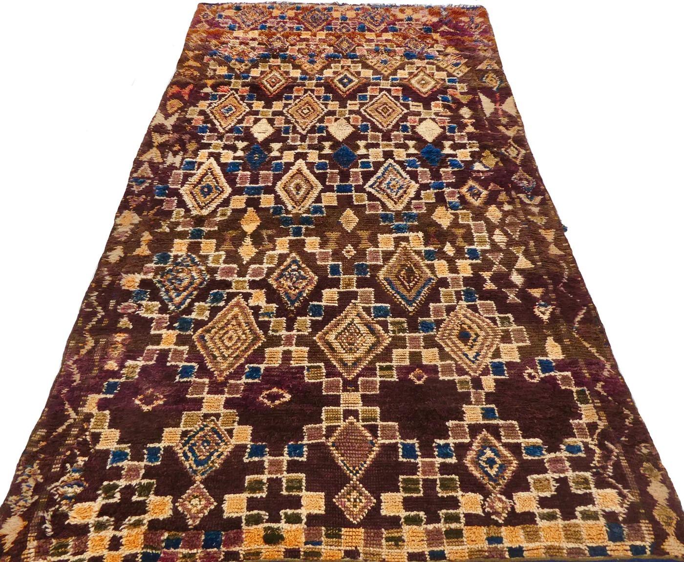 Late 20th Century Indigo Blue and Chocolate 1970s Moroccan Zayane Wool Rug For Sale