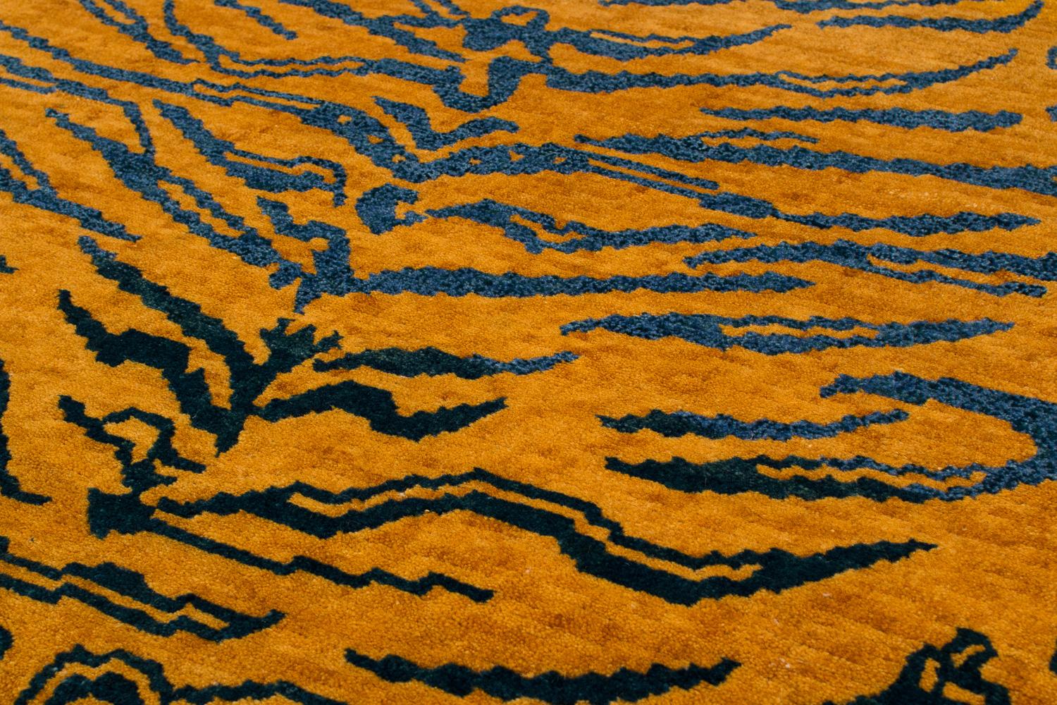 Tibetan Indigo Blue and Gold Wool Tiger Rug For Sale
