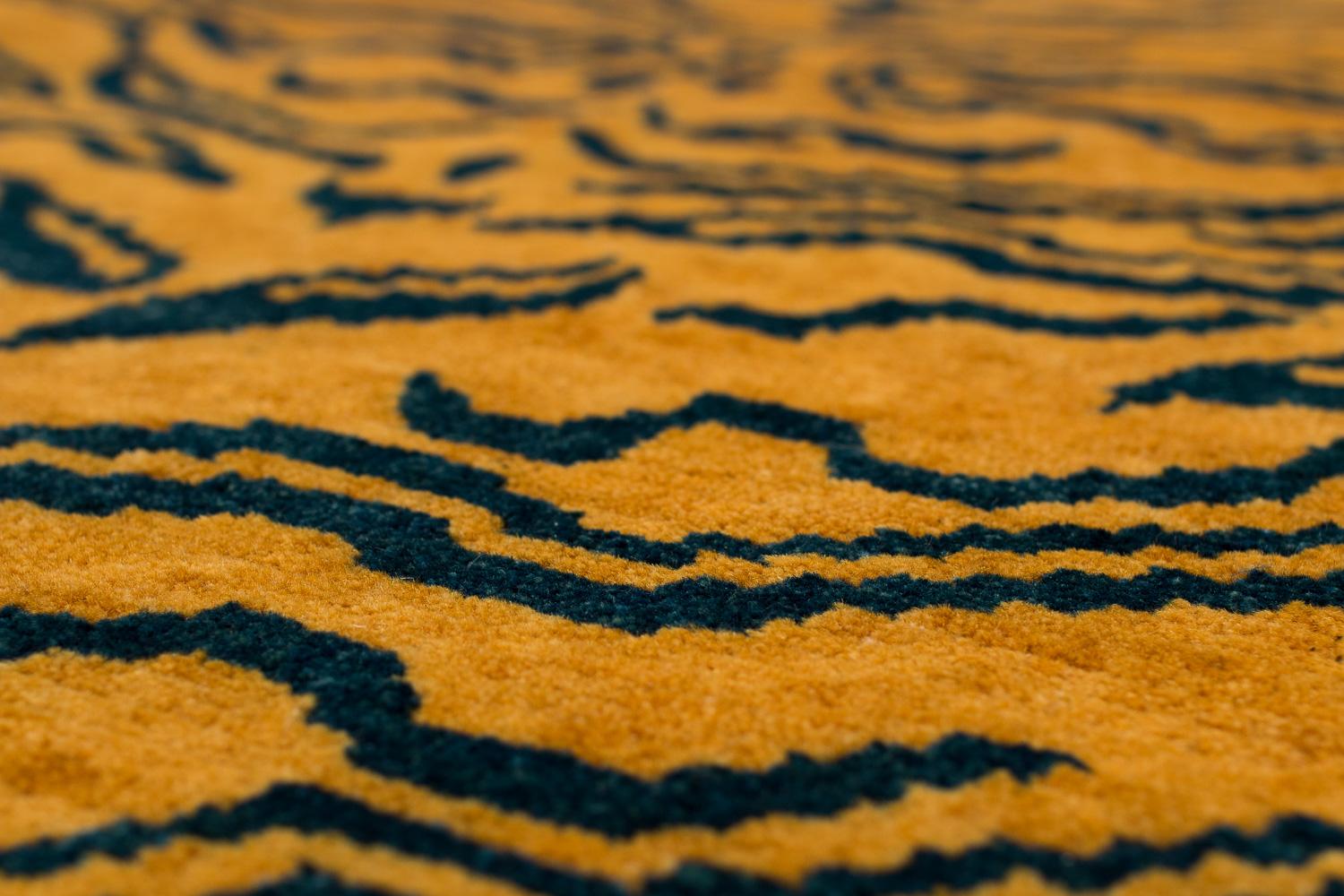 Nepalese Indigo Blue and Gold Wool Tiger Rug For Sale