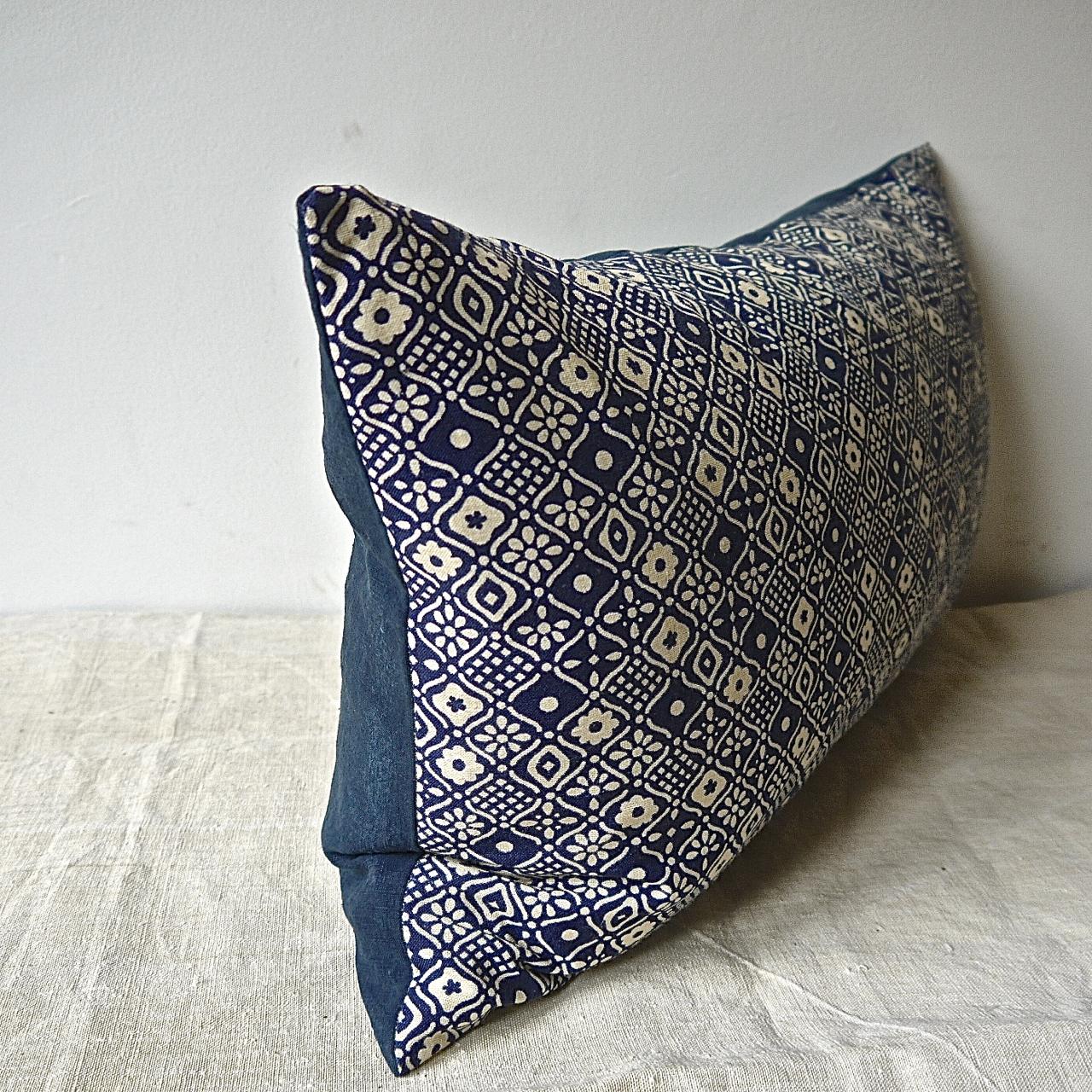 20th Century Indigo Blue and Off-White Print Cotton Pillow, French, Midcentury For Sale