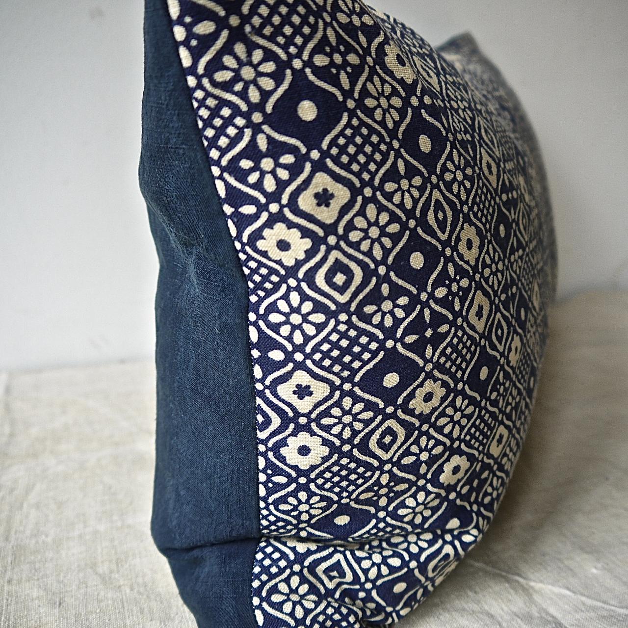 Indigo Blue and Off-White Print Cotton Pillow, French, Midcentury For Sale 1