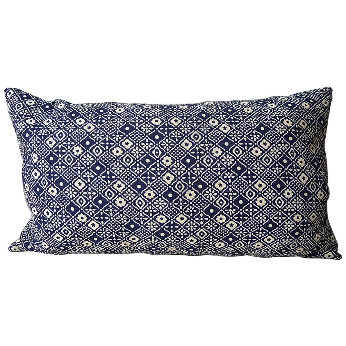 Indigo Blue and Off-White Print Cotton Pillow, French, Midcentury For Sale