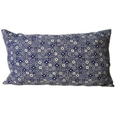Indigo Blue and Off-White Print Cotton Pillow, French, Midcentury