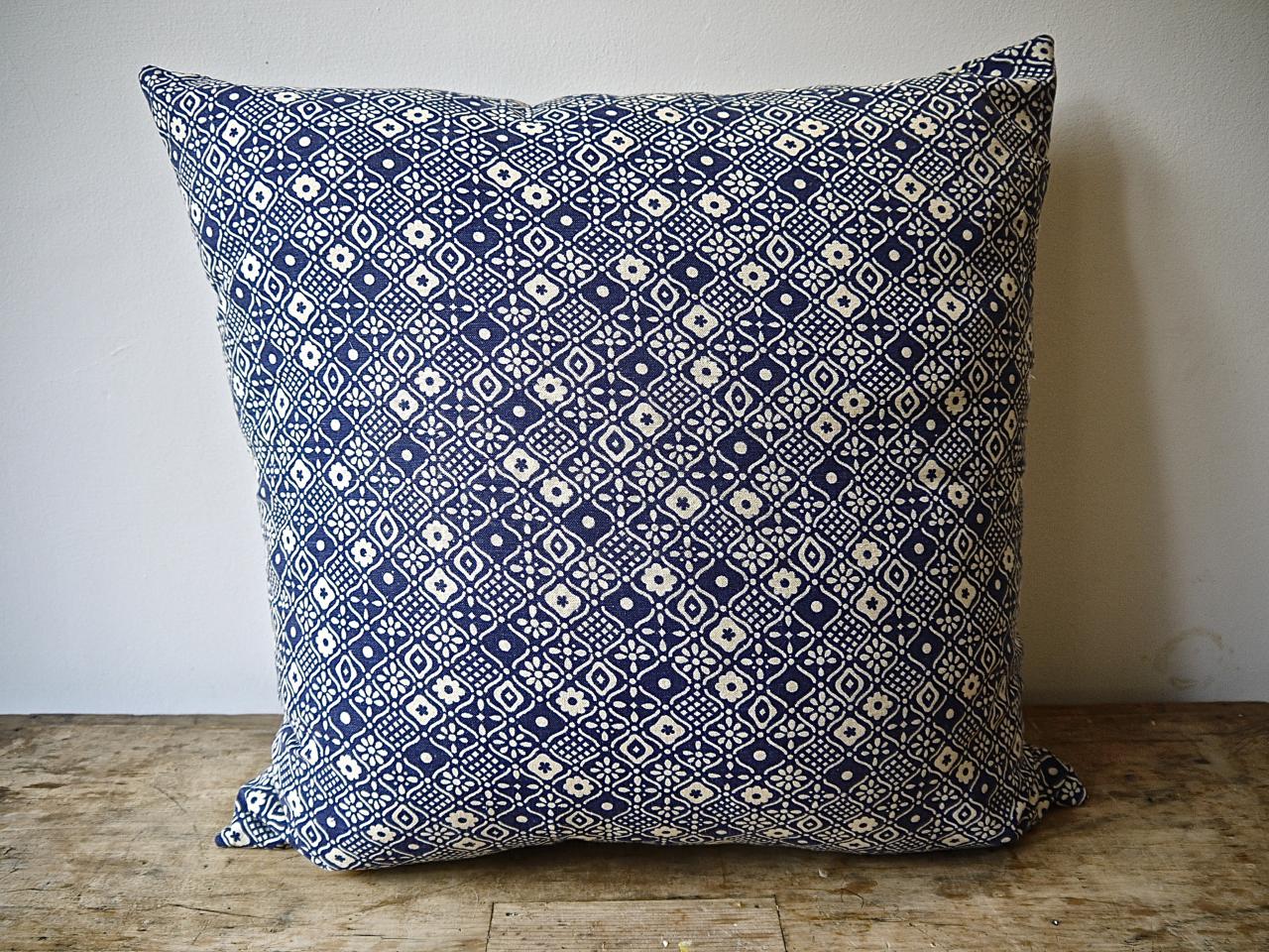 French midcentury cotton cushion printed with a simple and striking indigo blue and white abstract design. Self-backed and slip-stitched closed with a duck feather cushion pad.
