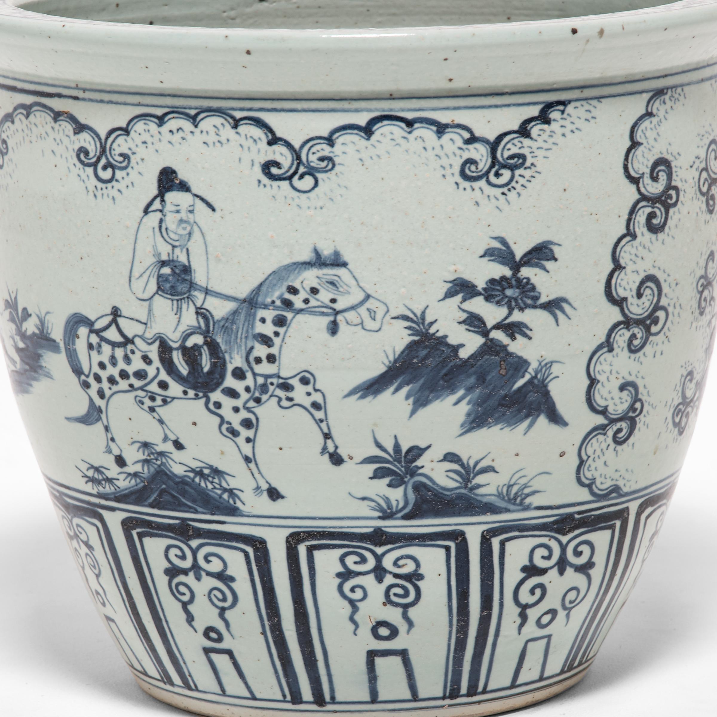 Glazed Chinese Indigo Blue and White Scroll Jar For Sale