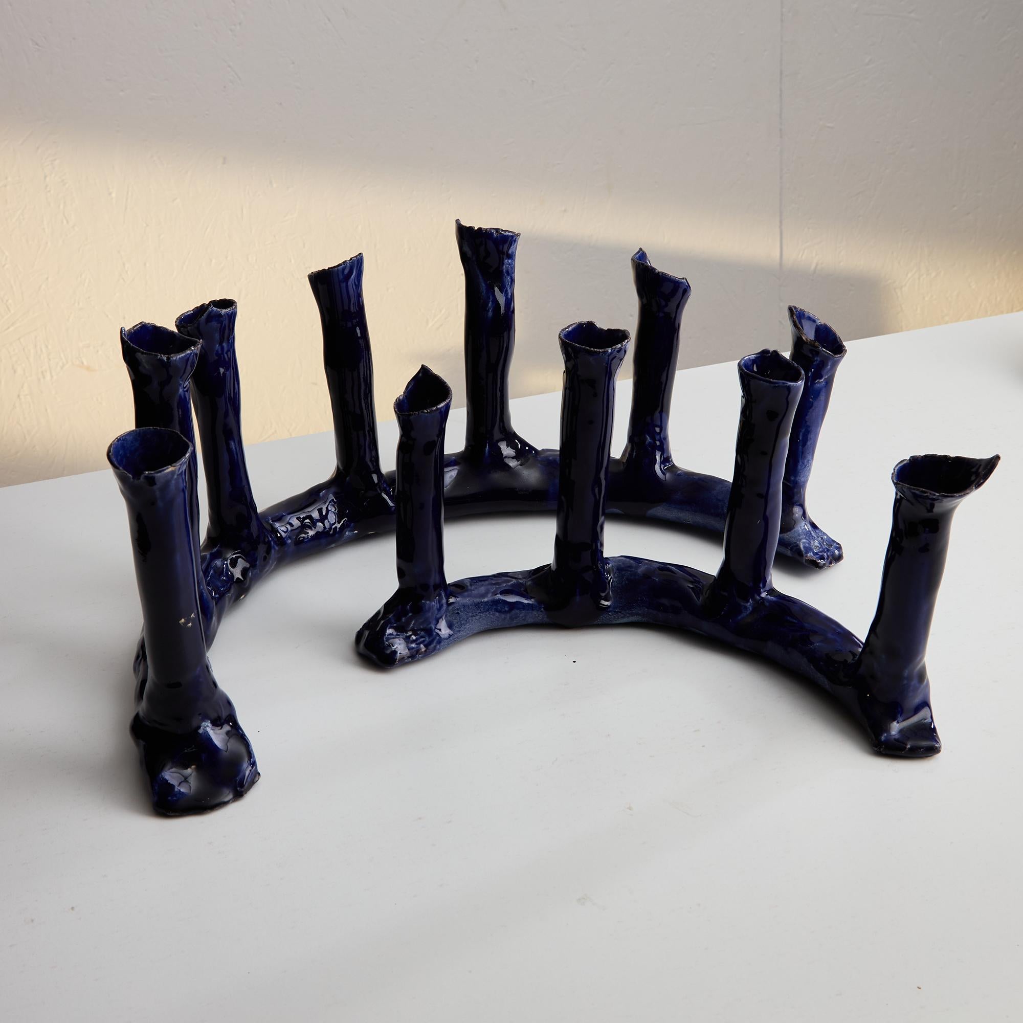 Italiano Set di portacandele in ceramica blu indaco in vendita