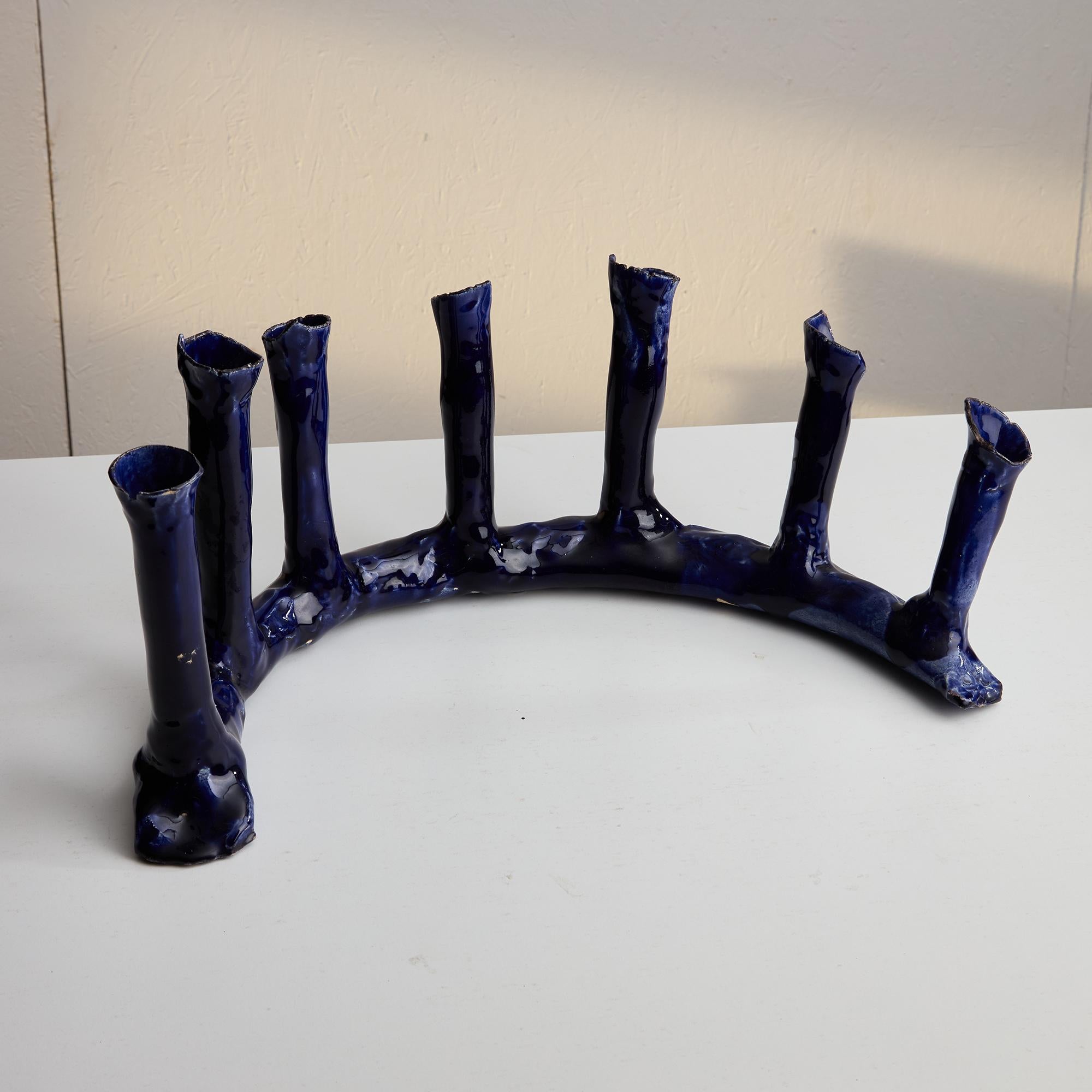 Fine XX secolo Set di portacandele in ceramica blu indaco in vendita