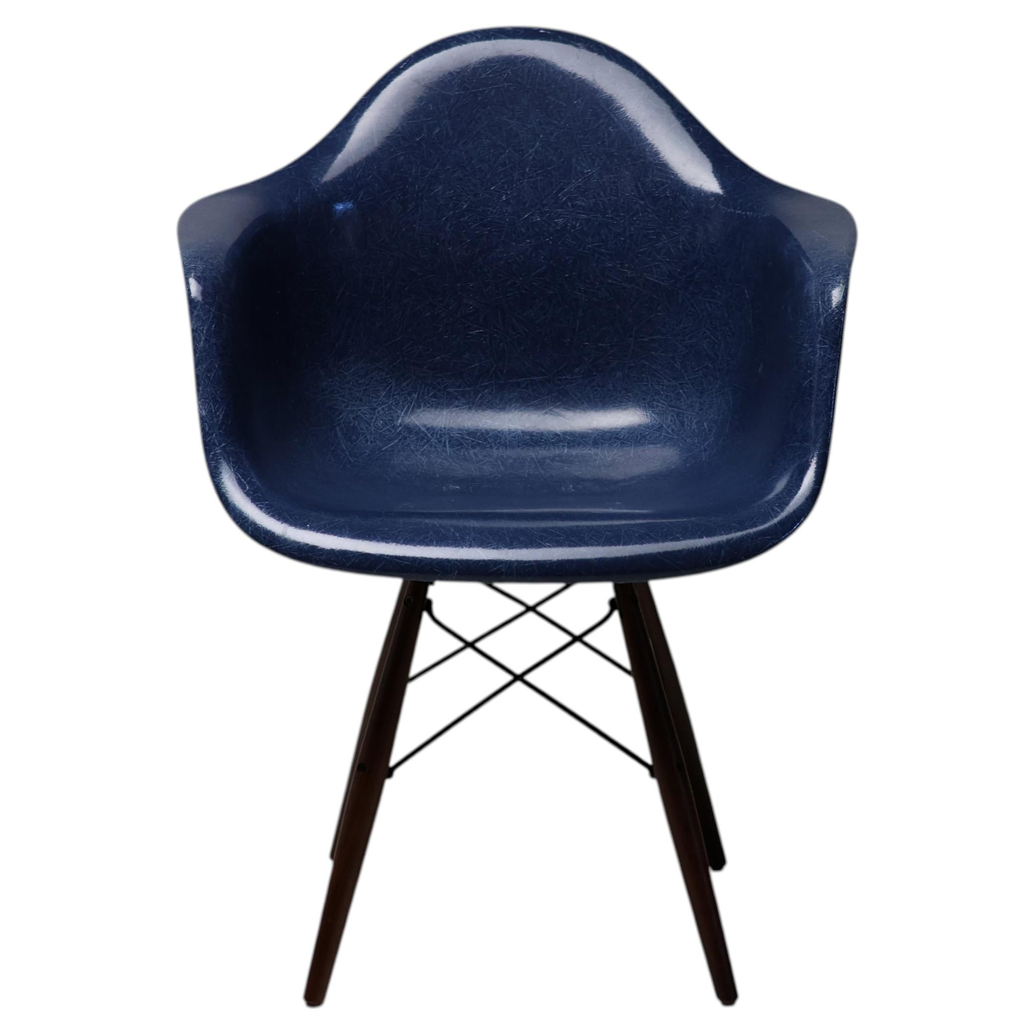 Indigo Blue Charles Eames Walnut Swivel Dowel Base Armchair by Herman Miller USA