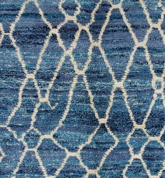 Contemporary Handmade Moroccan Rug in Blue & Ivory. 100% Wool. Custom Ops Avail.