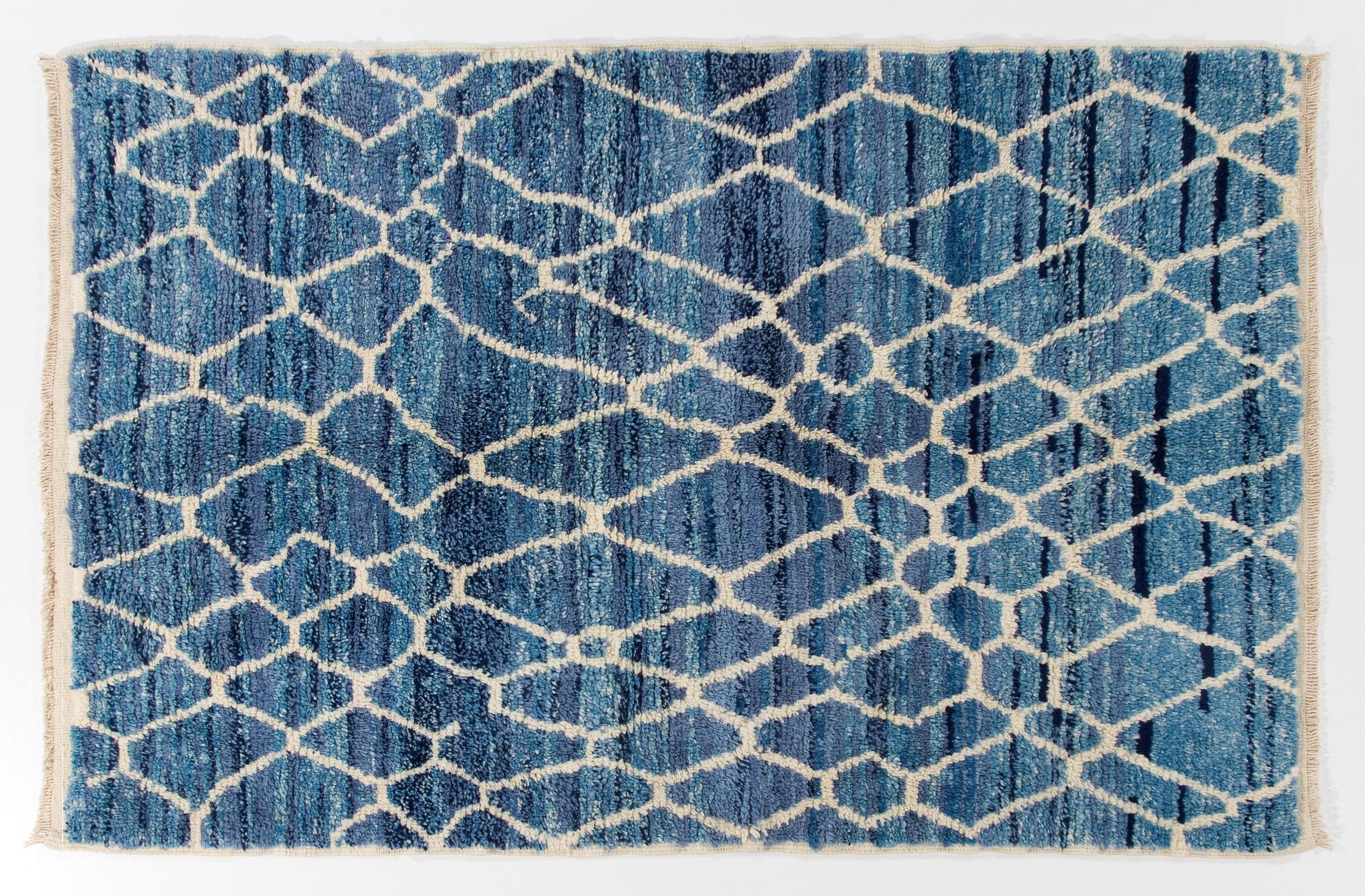 Modern Contemporary Handmade Moroccan Rug in Blue & Ivory. 100% Wool. Custom Ops Avail. For Sale