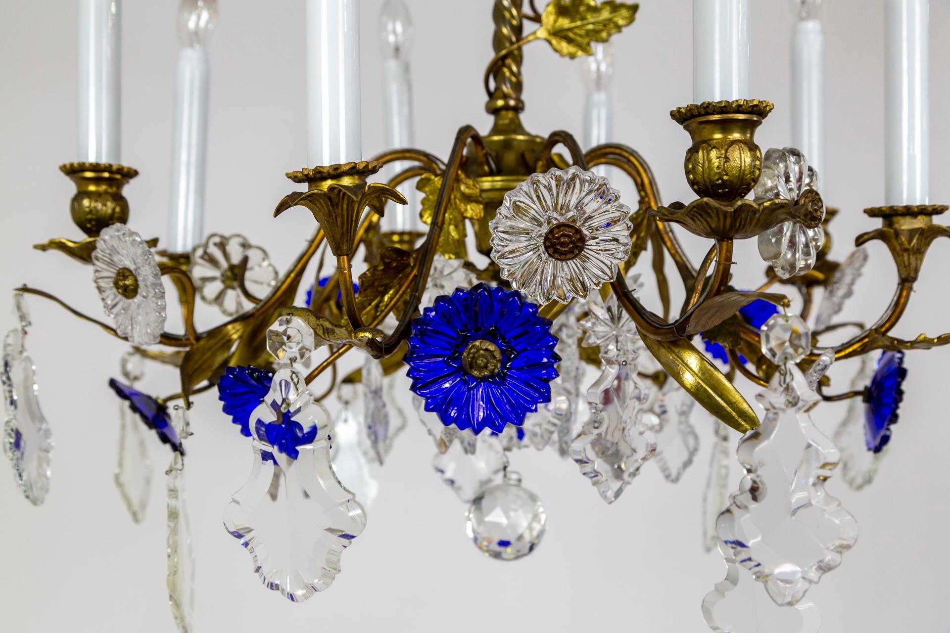 Indigo Blue Crystal Flowers & Gilt Vine Chandelier For Sale 5