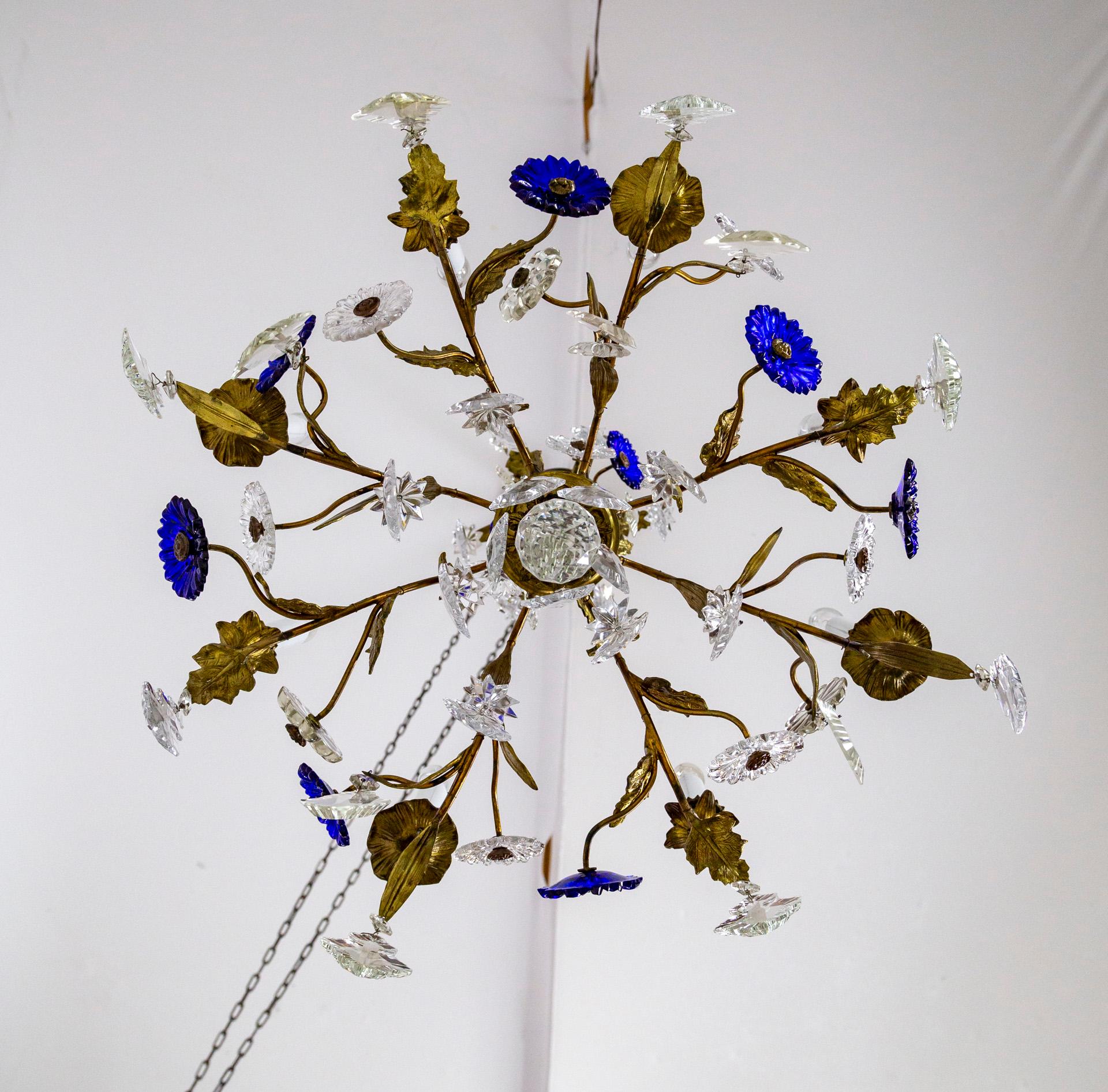 Indigo Blue Crystal Flowers & Gilt Vine Chandelier For Sale 6