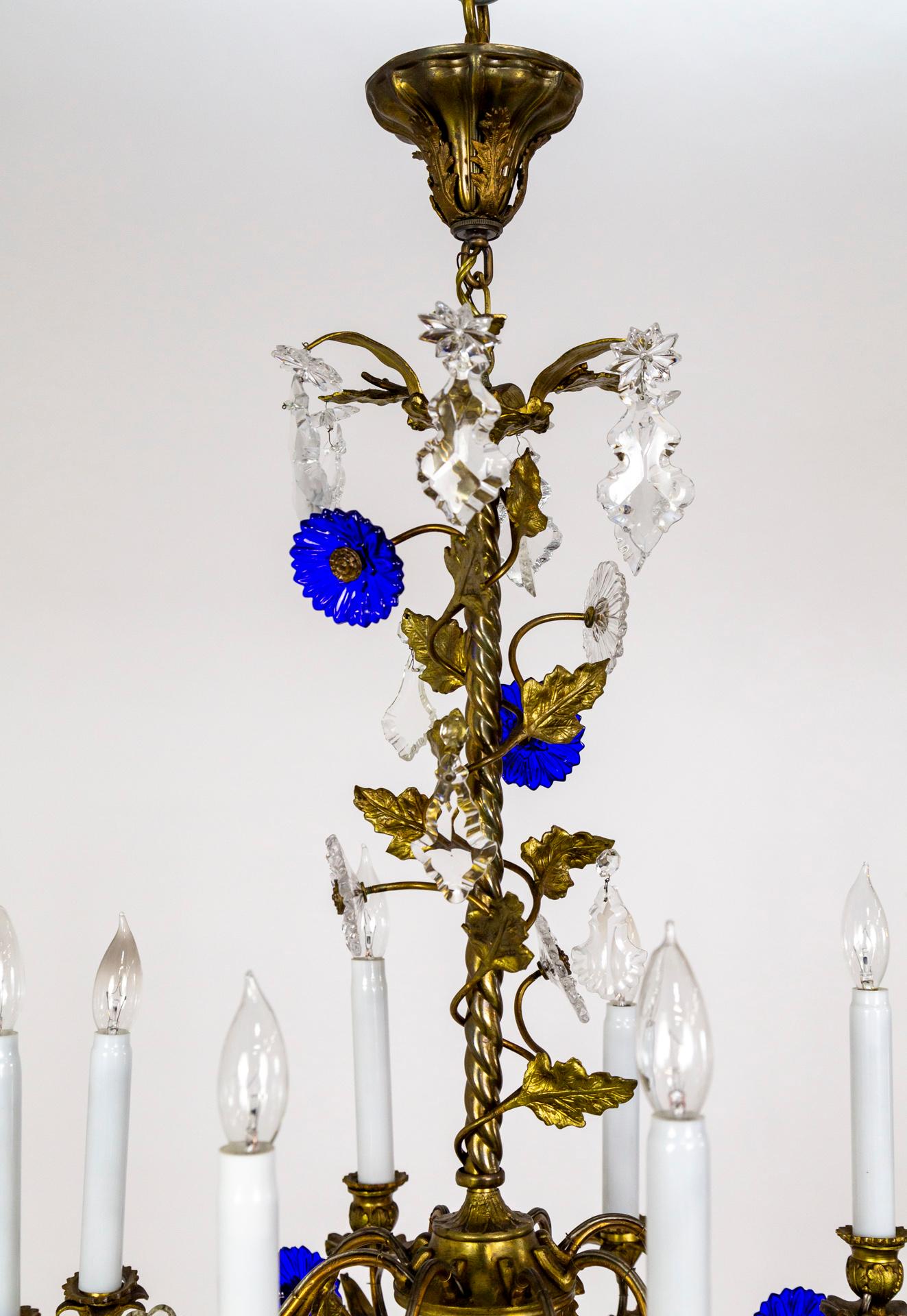 Indigo Blue Crystal Flowers & Gilt Vine Chandelier For Sale 9