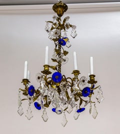 Indigo Blue Crystal Flowers & Gilt Vine Chandelier